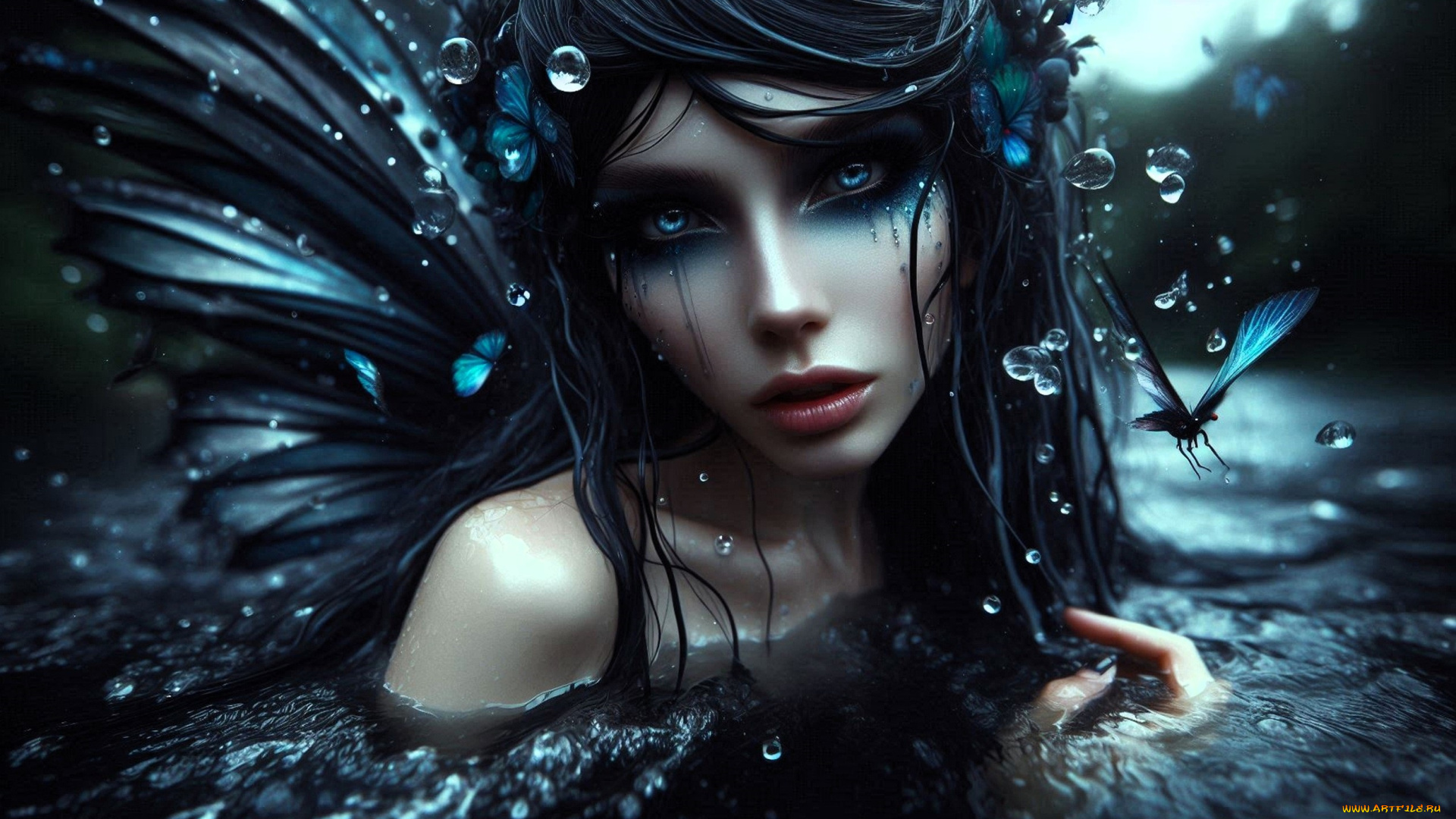 3д, графика, фантазия, , fantasy, девушка, капли, крылья, бабочка, вода, река