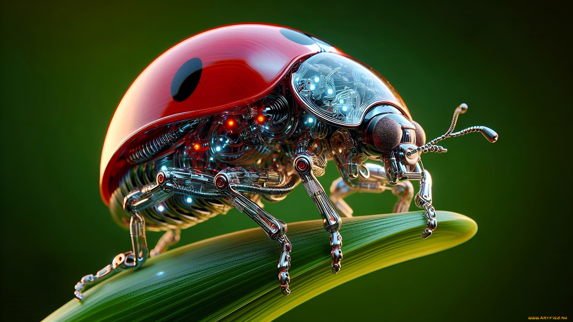 3д, графика, моделирование, , modeling, божья, коровка, жучок, робот, киборг, травинка