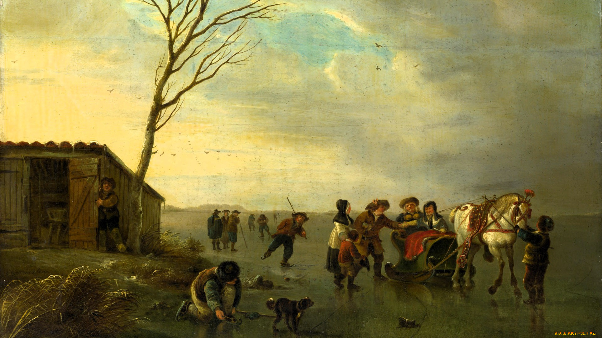 andries, vermeulen, -, сцена, на, льду, рисованное, живопись, люди, дети, лошадь, сани, собака, лед, сарай, берег