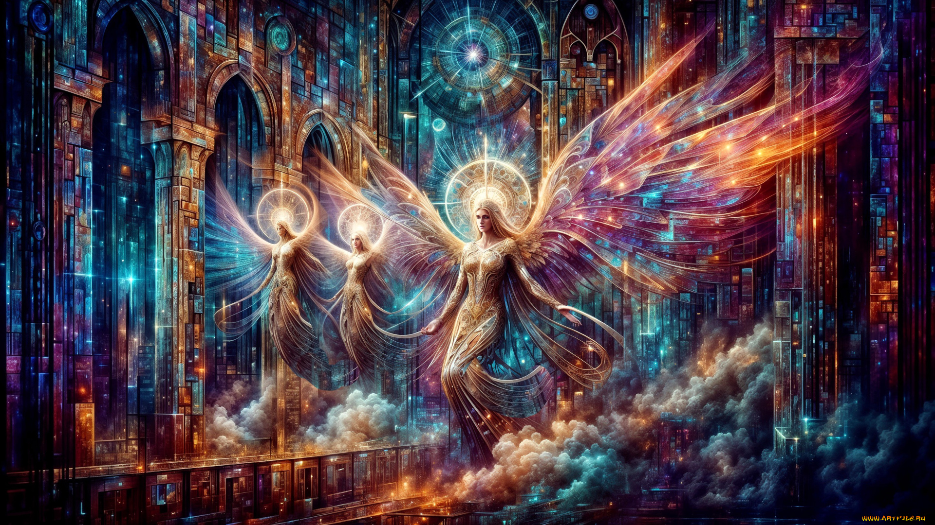 фэнтези, ангелы, девушки, храм, дым