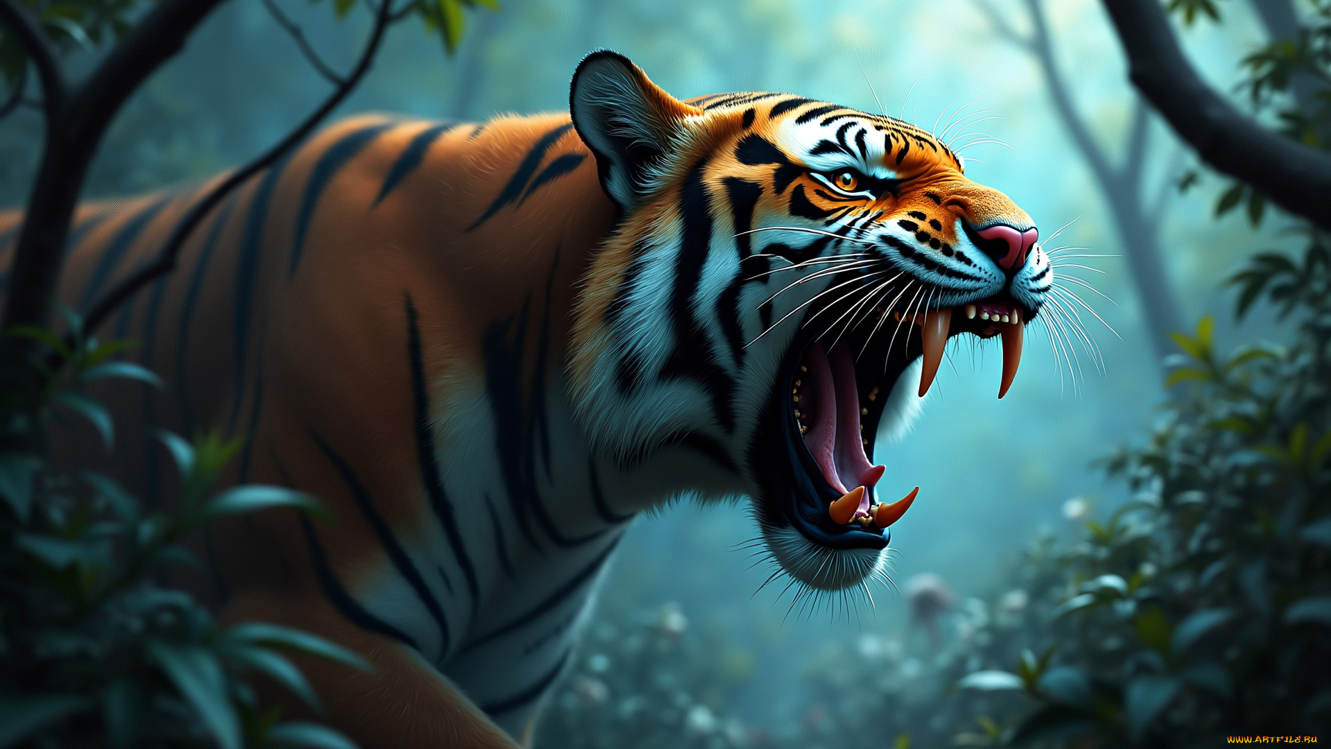 разное, компьютерный, дизайн, тигр, хищник, туман, лес