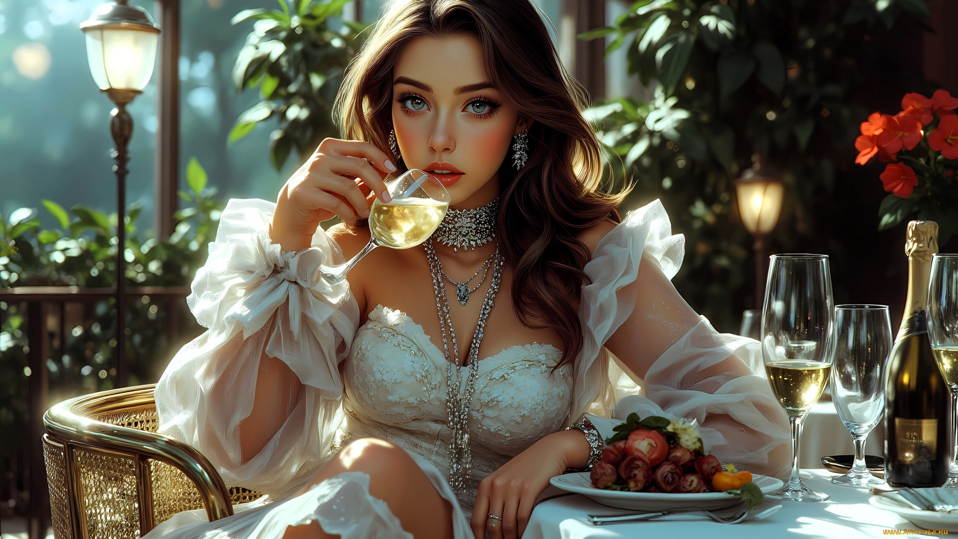 рисованное, люди, девушка, наряд, напиток, кресло, стол, еда, фонари, цветы