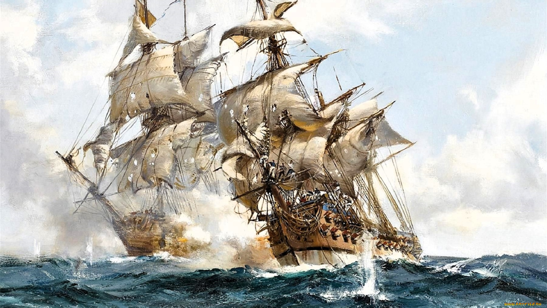 рисованное, montague, dawson, корабли, парусники, облака, море