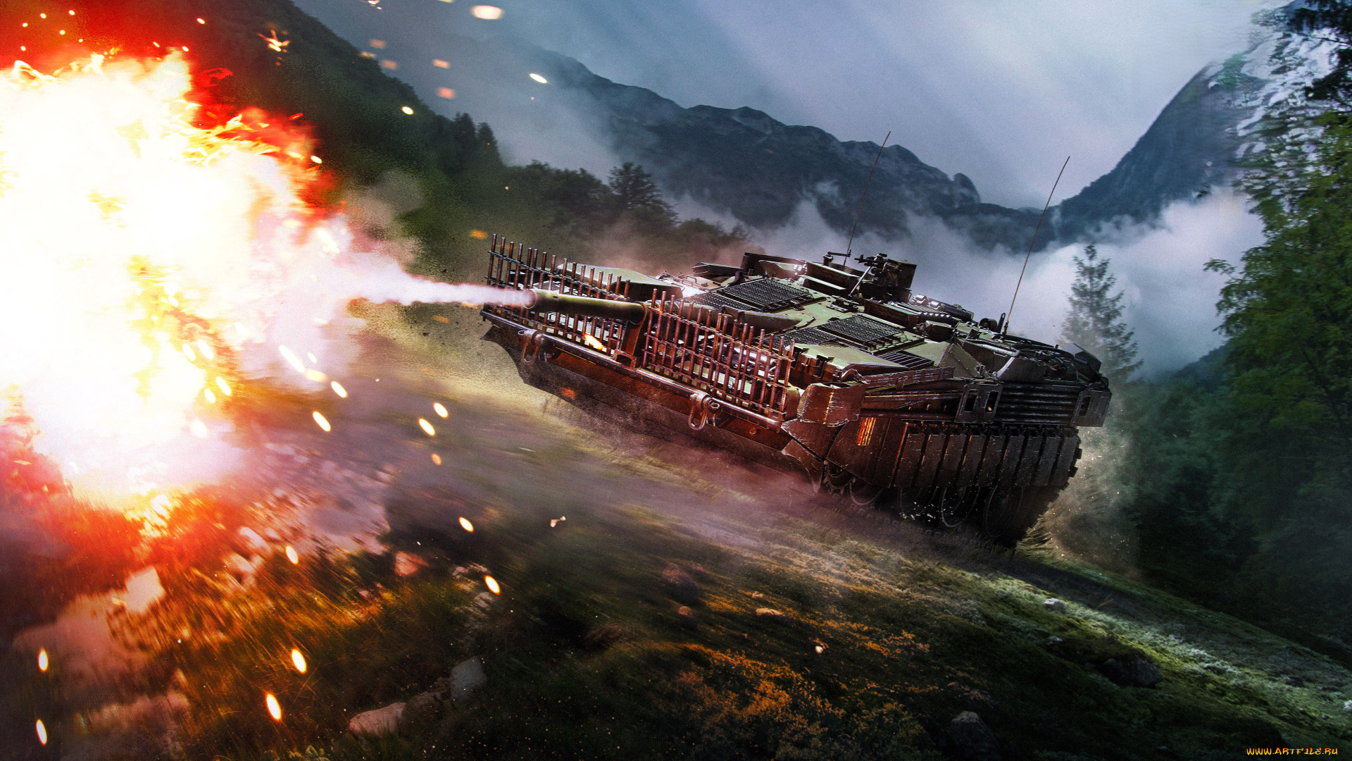 видео, игры, war, thunder, танк, огонь, горы, дым, поле