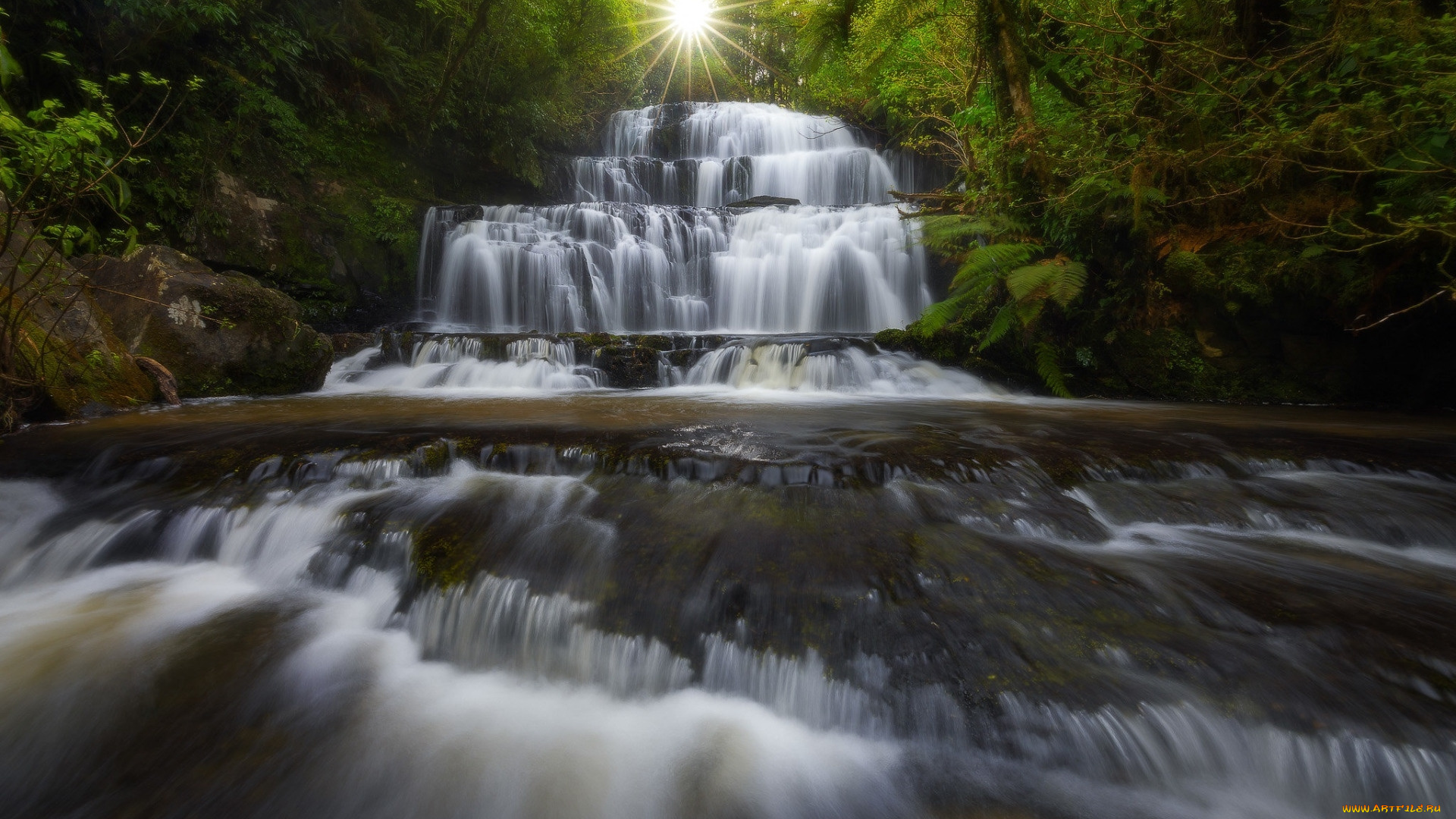 waterfall, of, river, purakaunui, new, zealand, природа, водопады, waterfall, of, river, purakaunui, new, zealand