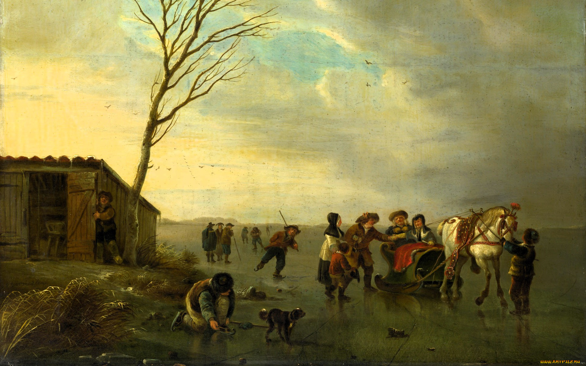 andries, vermeulen, -, сцена, на, льду, рисованное, живопись, люди, дети, лошадь, сани, собака, лед, сарай, берег