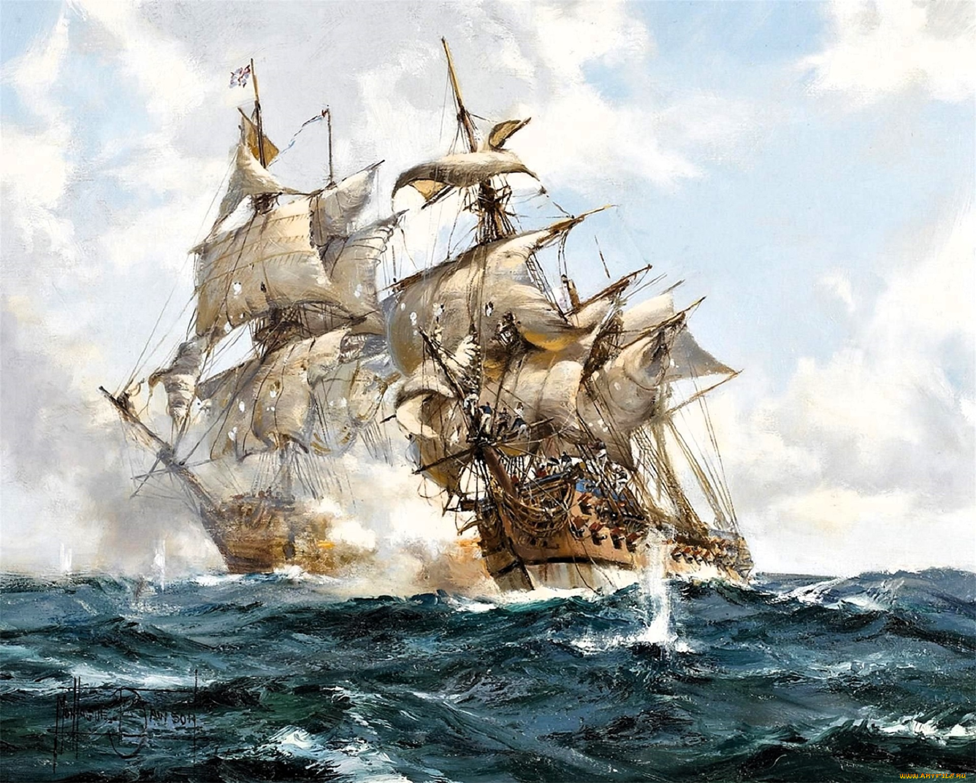 рисованное, montague, dawson, корабли, парусники, облака, море