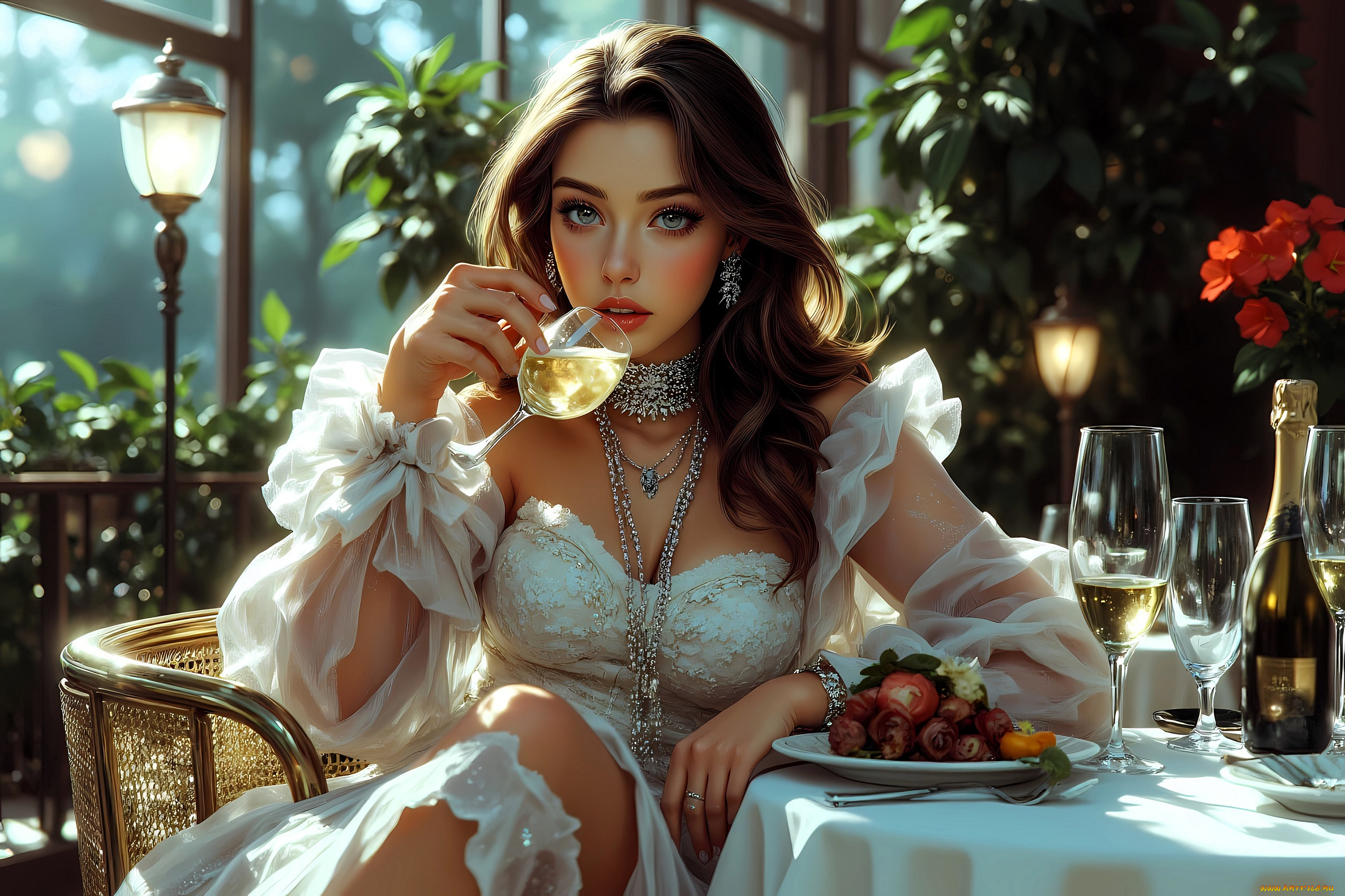 рисованное, люди, девушка, наряд, напиток, кресло, стол, еда, фонари, цветы