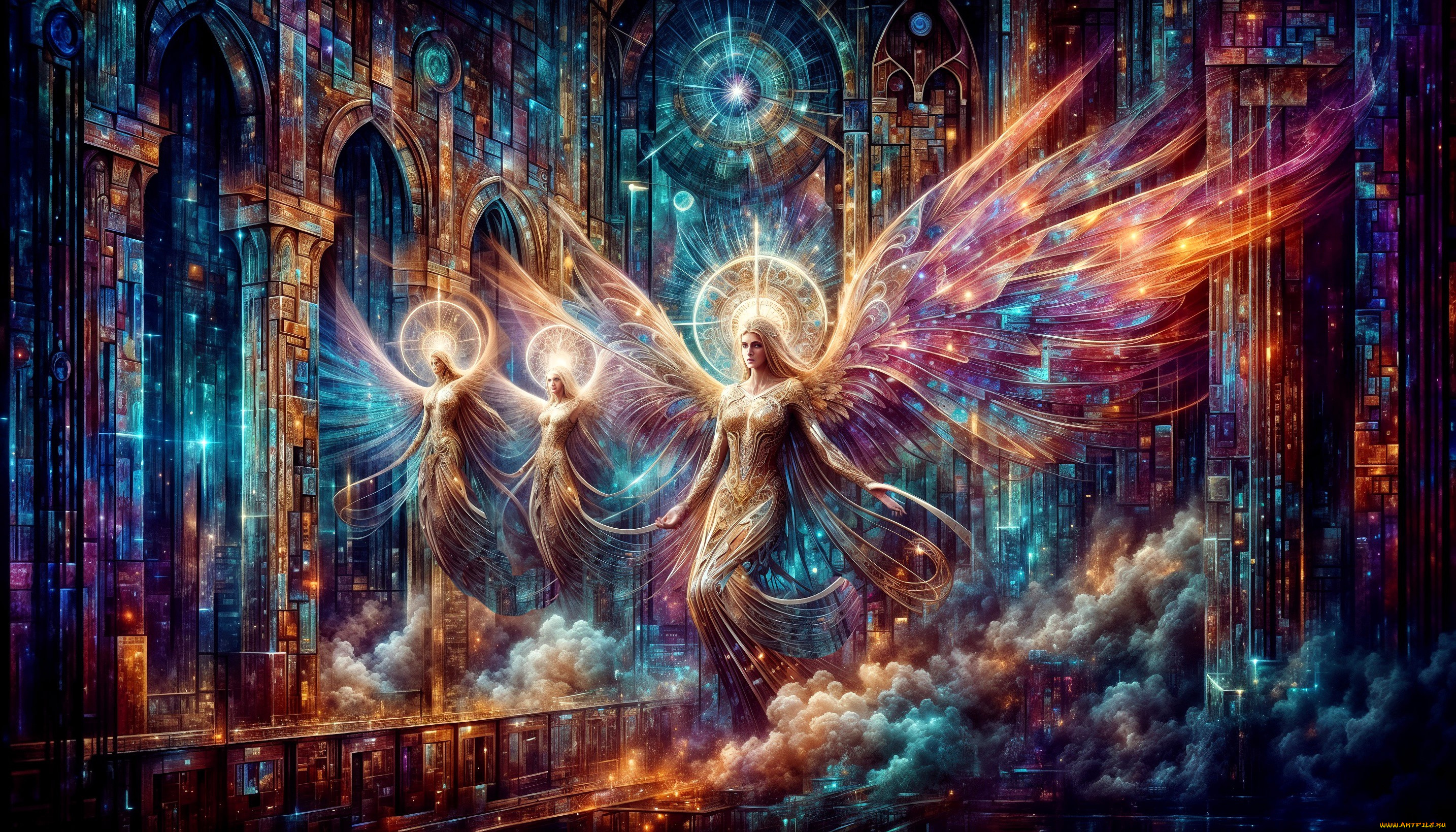 фэнтези, ангелы, девушки, храм, дым