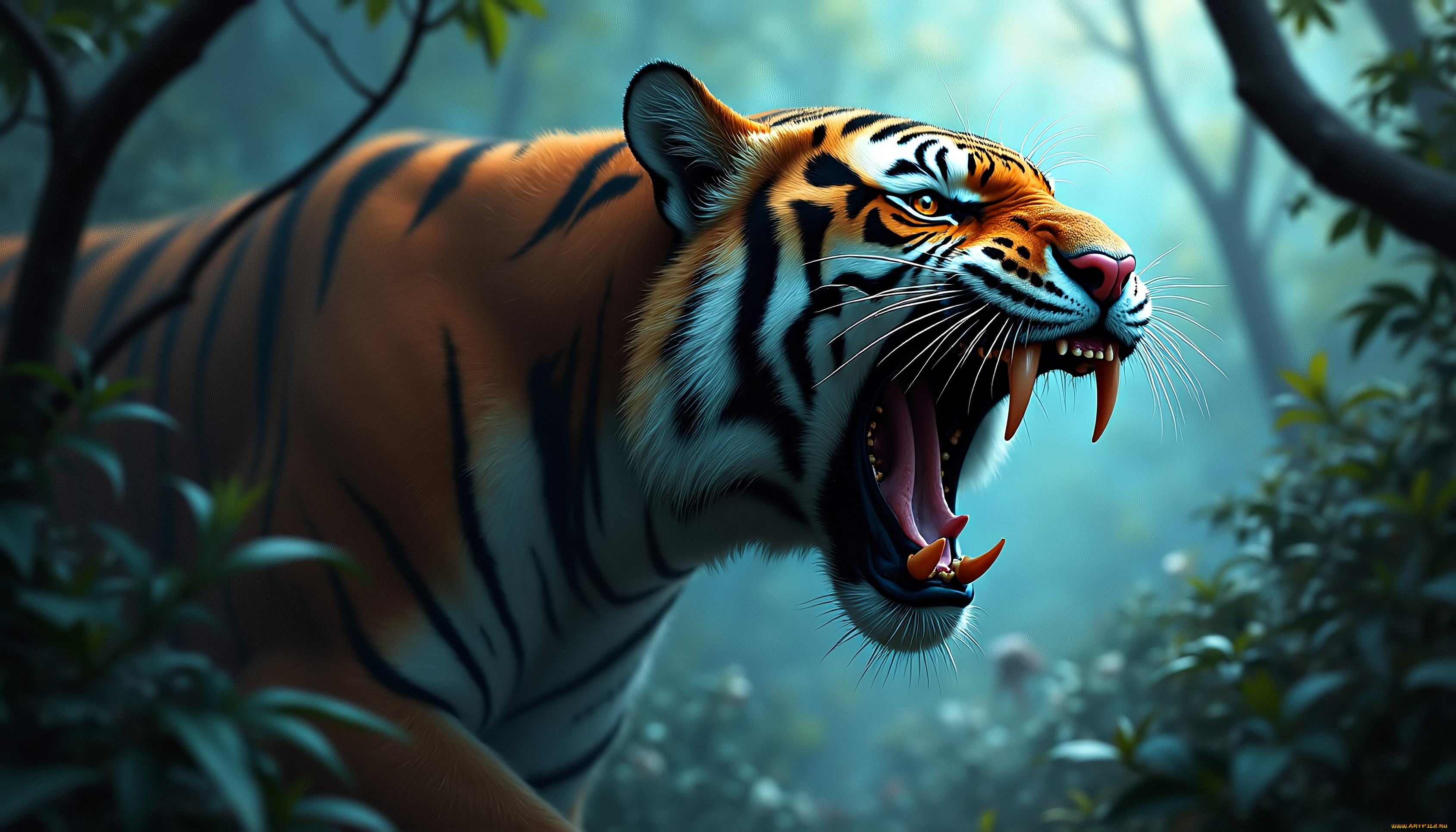 разное, компьютерный, дизайн, тигр, хищник, туман, лес