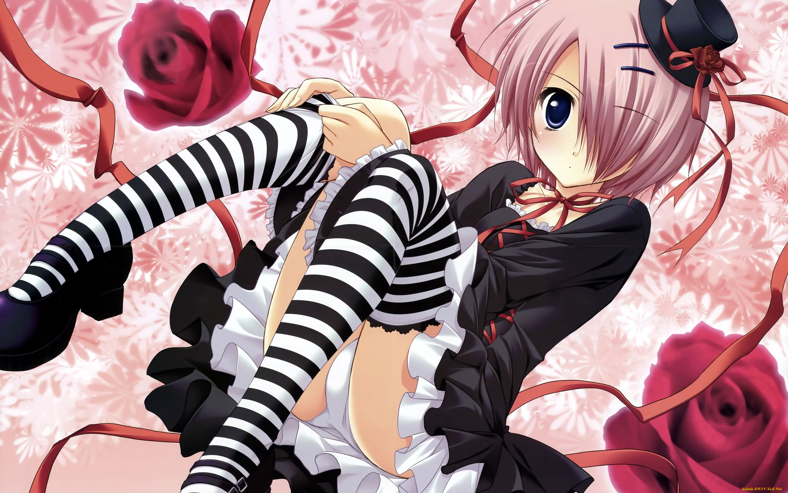 аниме, *unknown, другое, чулки, девушка, ленточки, шляпка, платье, взгляд