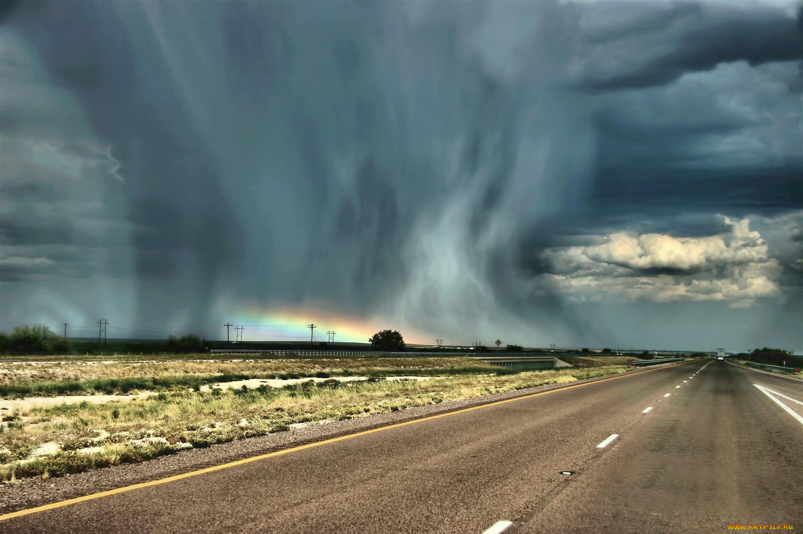 природа, дороги, тучи, разметка, дорога