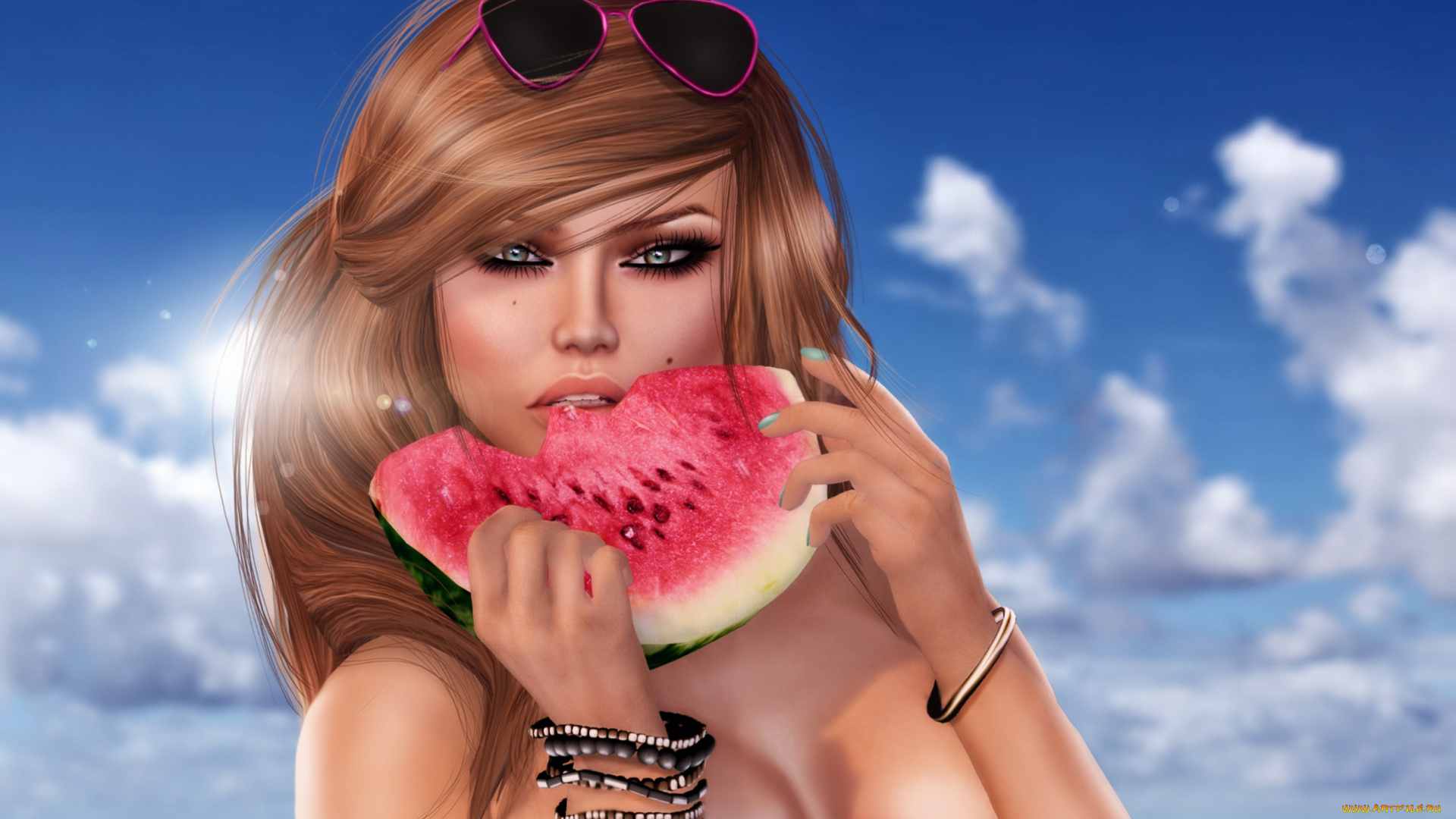 3д, графика, portraits, портрет, арбуз, девушка, волосы