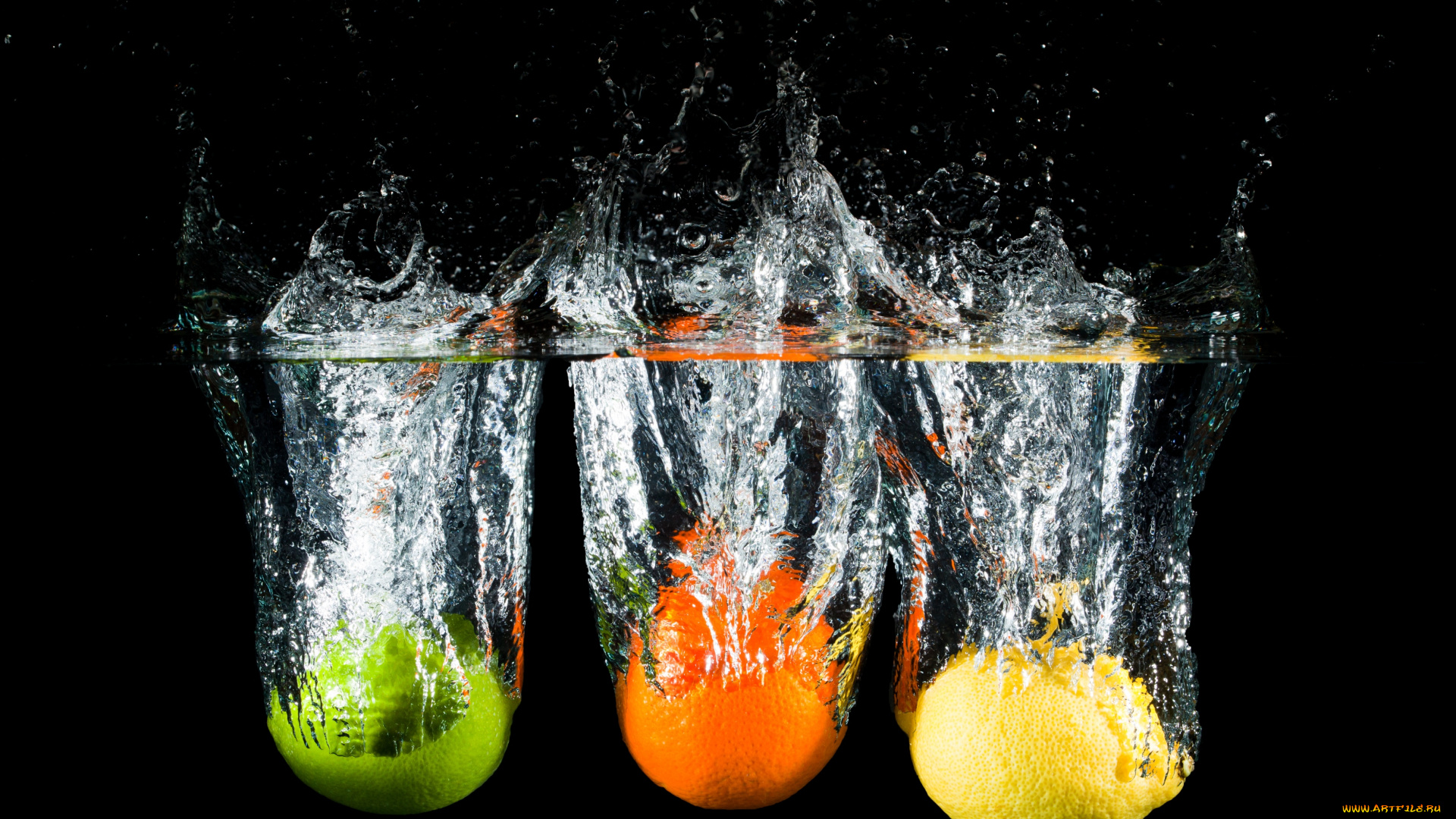 еда, цитрусы, апельсин, лимон, вода, лайм, брызги