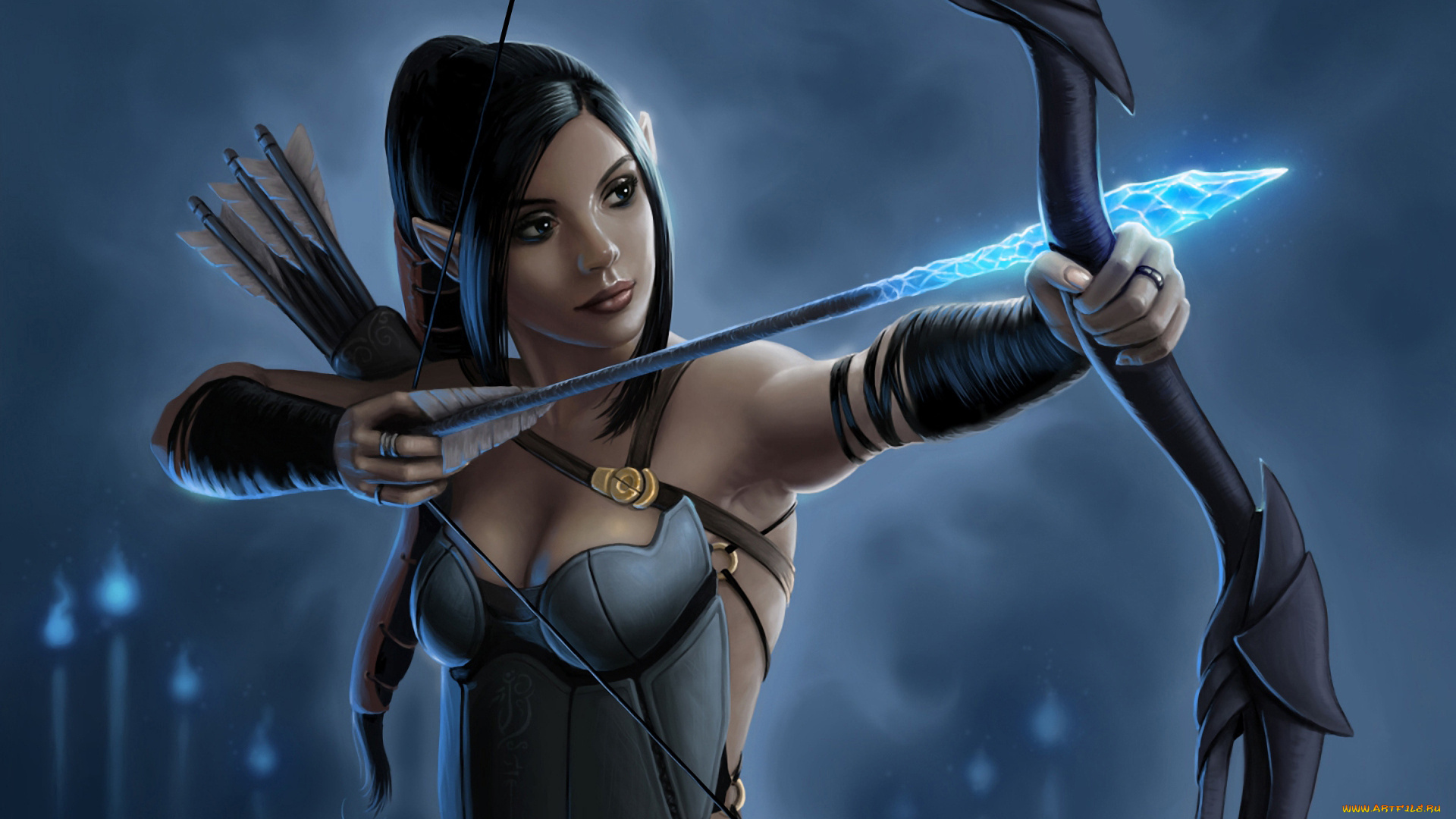 фэнтези, эльфы, огни, магия, острые, уши, лук, стрела, лед