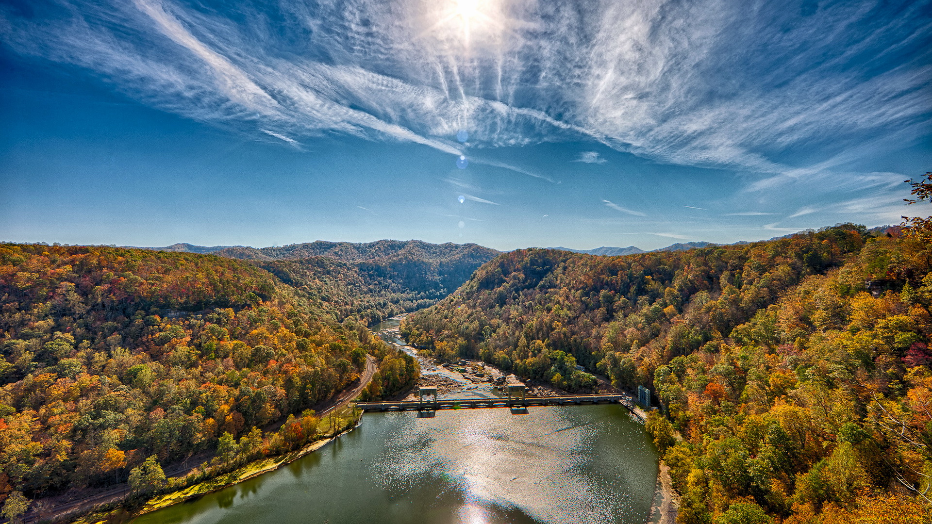 new, river, сша, природа, реки, озера, закат, мост