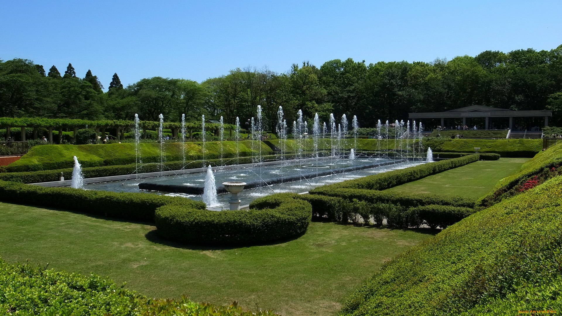 природа, парк, фонтаны, кусты, красивый, ретро, автомобиль