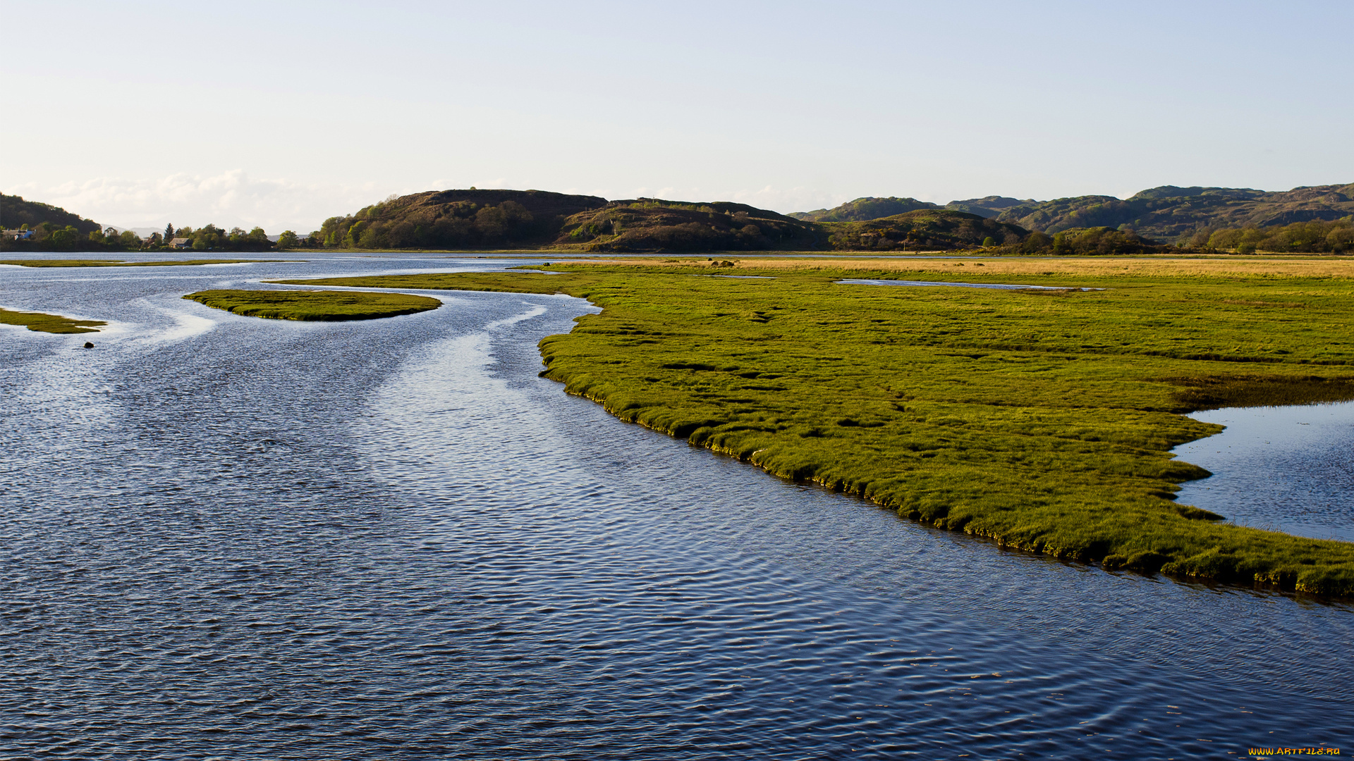 природа, реки, озера, река, трава, берег, вода, холмы