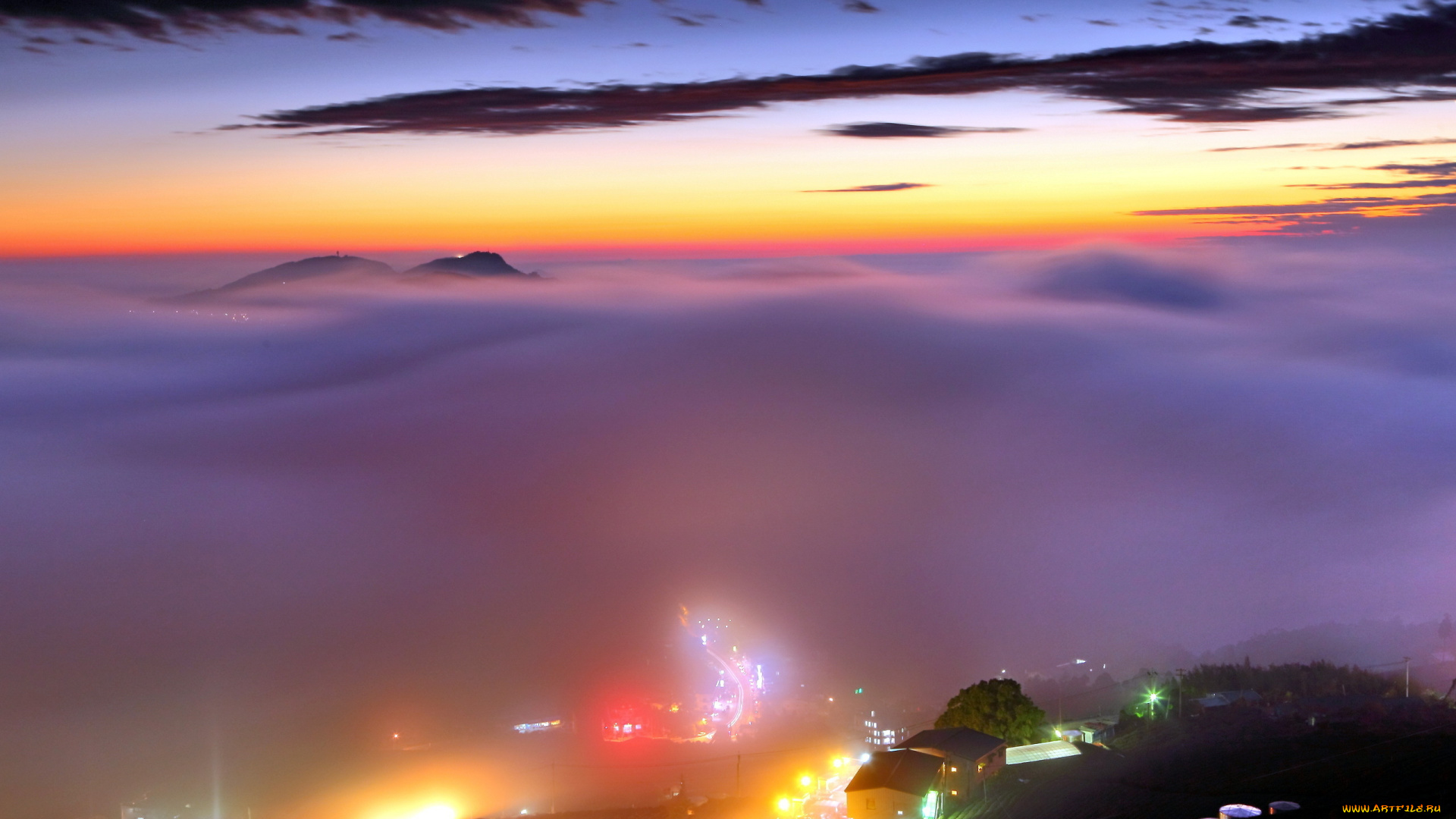 природа, восходы, закаты, закат, город, туман