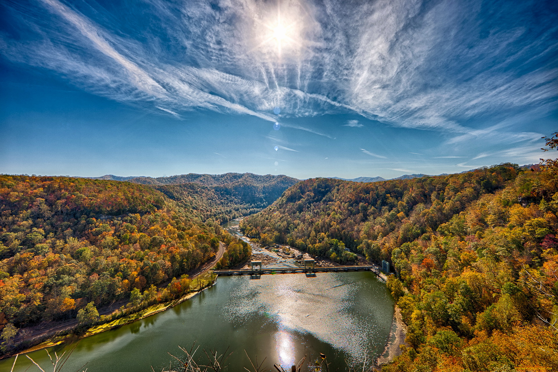 new, river, сша, природа, реки, озера, закат, мост