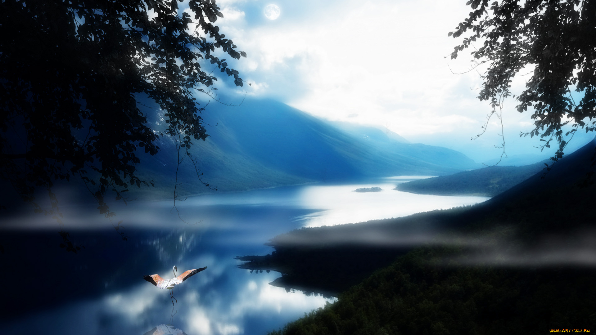 3д, графика, animals, животные, фламинго, горы, река, тучи