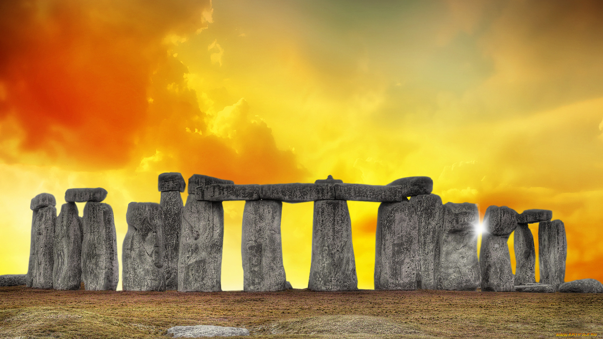 3д, графика, architecture, архитектура, небо, тучи, краски, стоунхендж