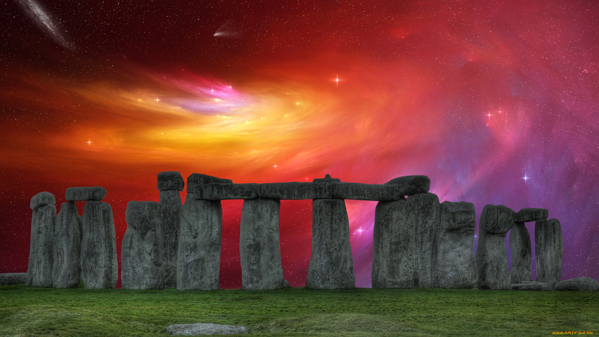 3д, графика, architecture, архитектура, звезды, небо, стоунхендж, краски, галактика