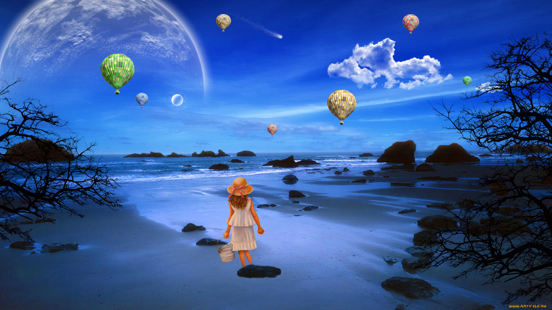 3д, графика, atmosphere, mood, атмосфера, настроения, пляж, девочка, планеты, шары, океан