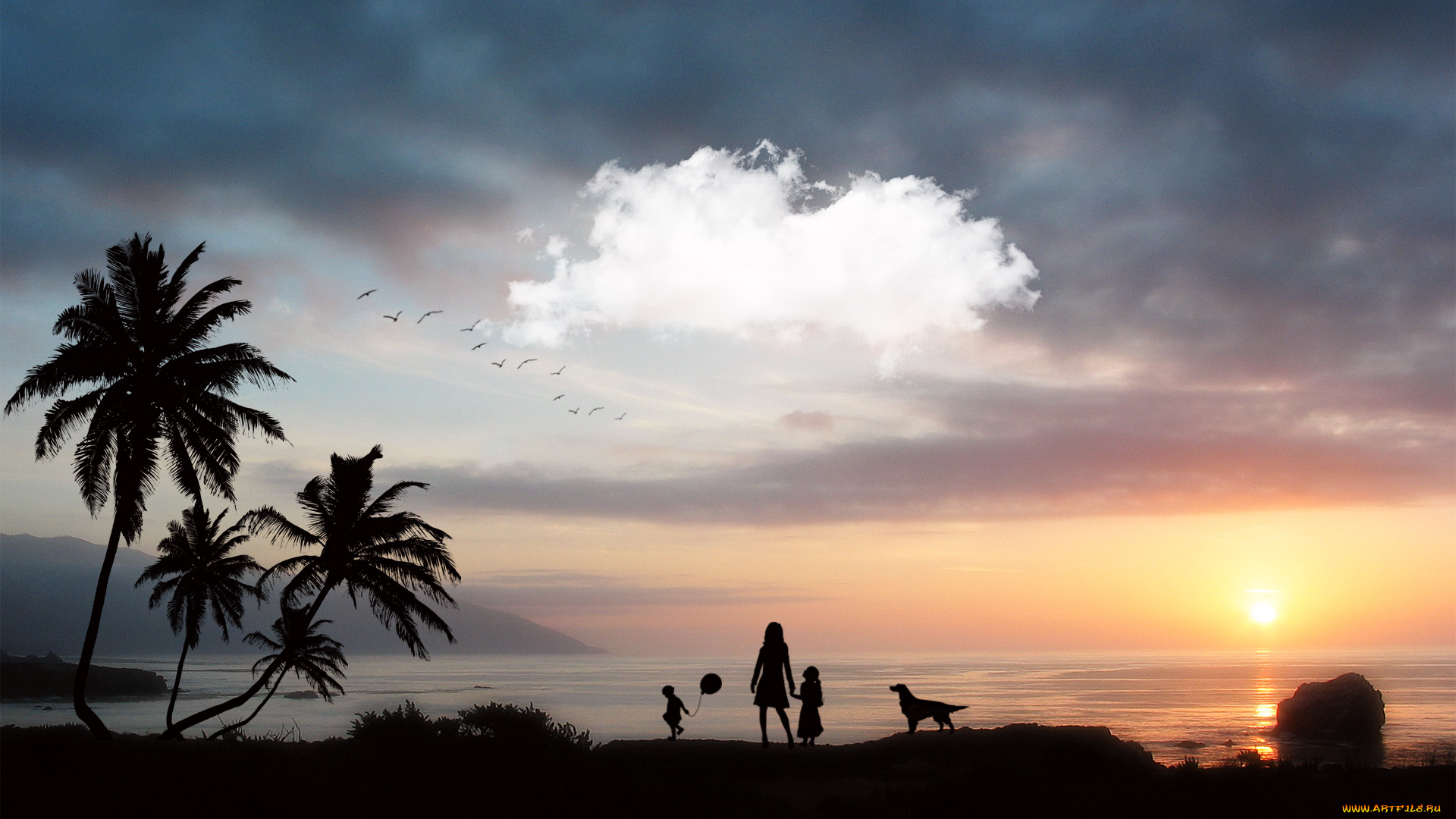 3д, графика, atmosphere, mood, атмосфера, настроения, птицы, облака, горизонт, восход, океан, фигуры