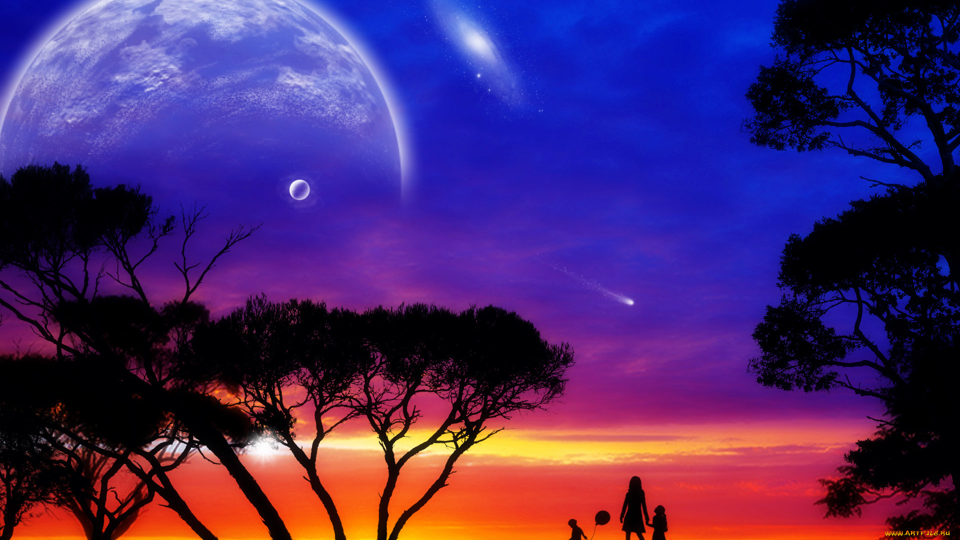 3д, графика, atmosphere, mood, атмосфера, настроения, деревья, небо, планеты, фигуры