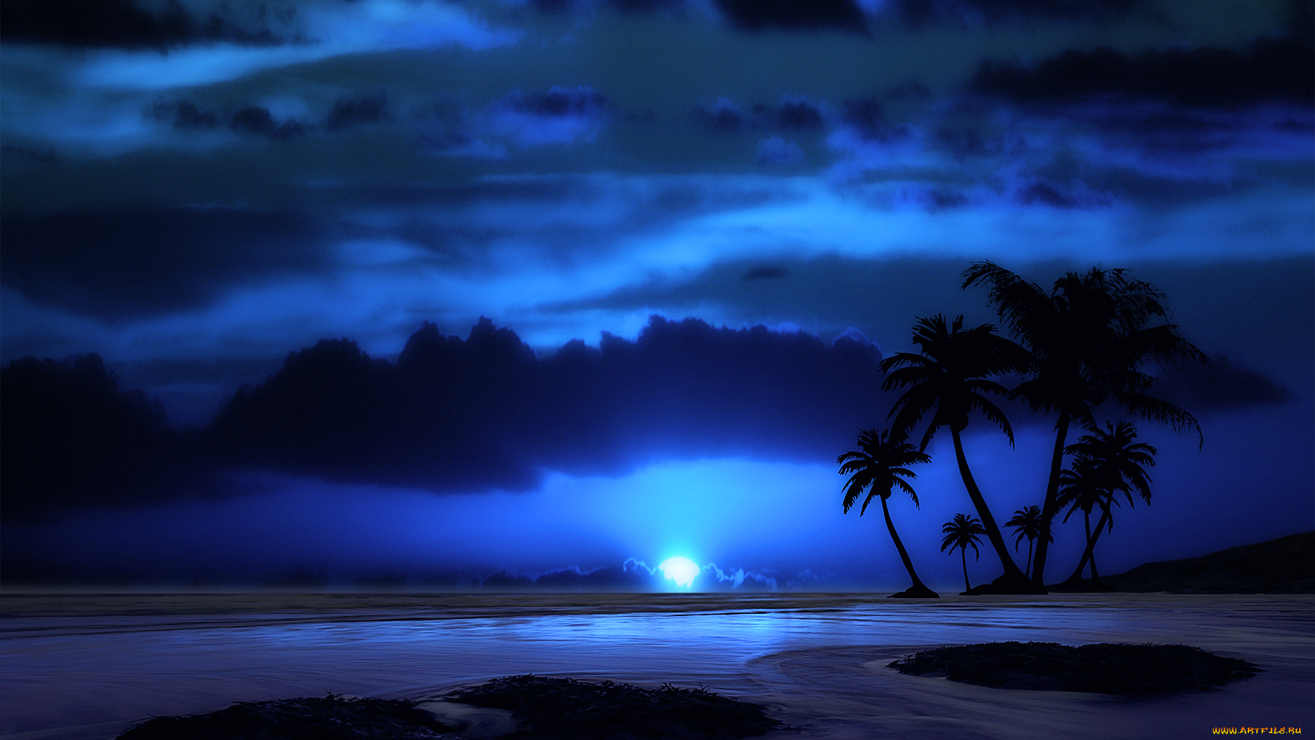 3д, графика, nature, landscape, природа, ночь, горизонт, пальмы, остров, тучи, светило