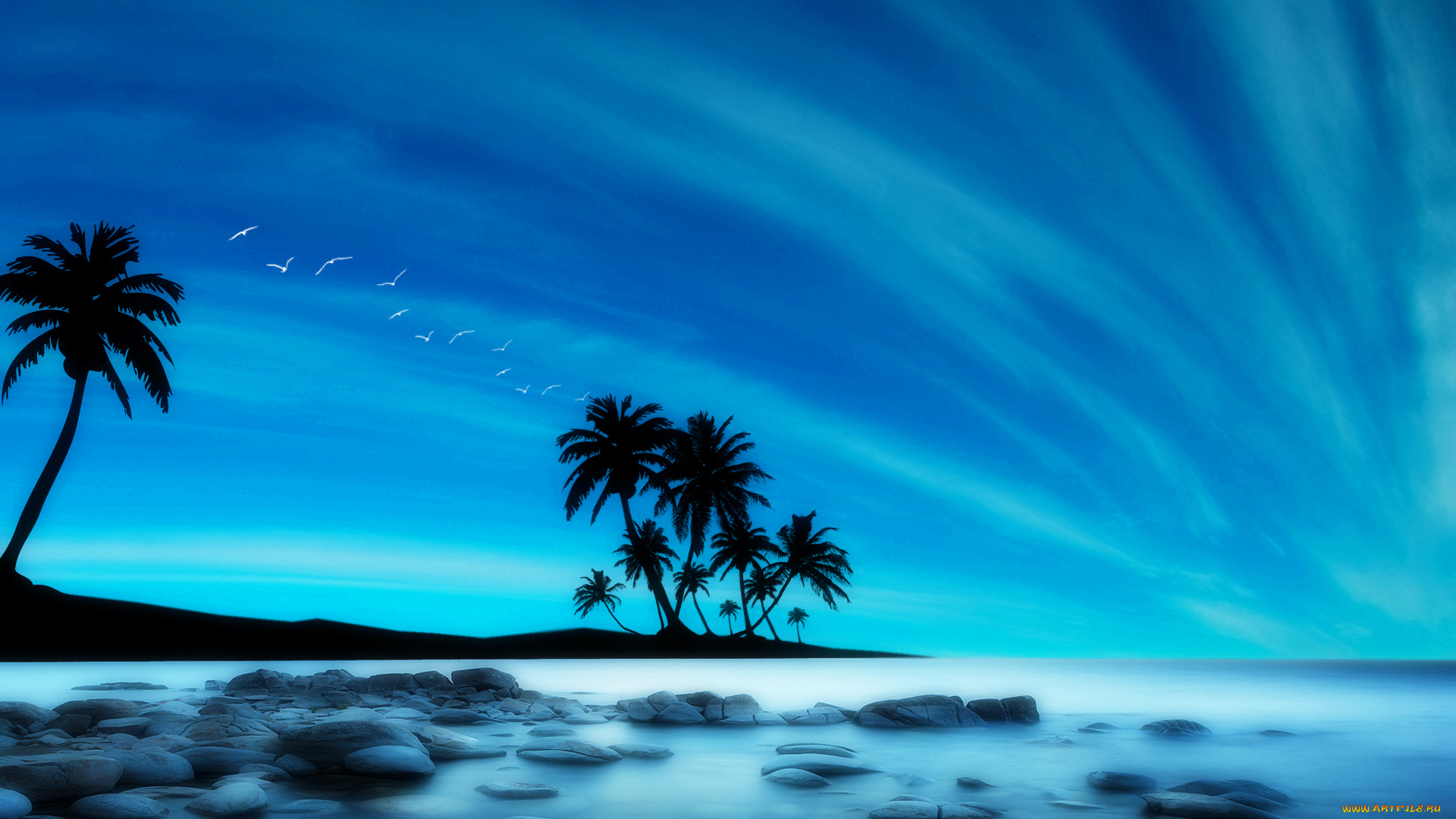 3д, графика, nature, landscape, природа, облака, небо, пальмы, океан, пляж, камни