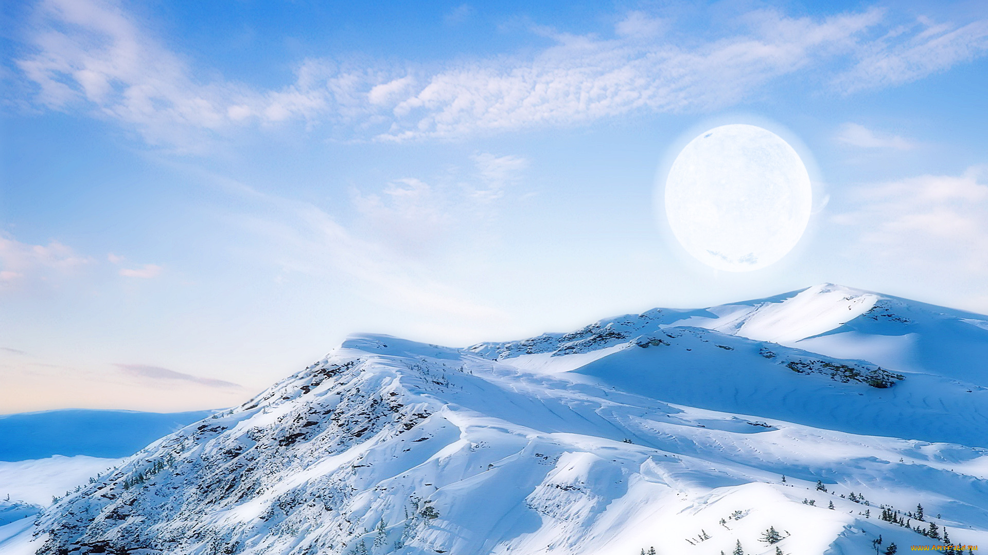 3д, графика, nature, landscape, природа, солнце, облака, горы, снег