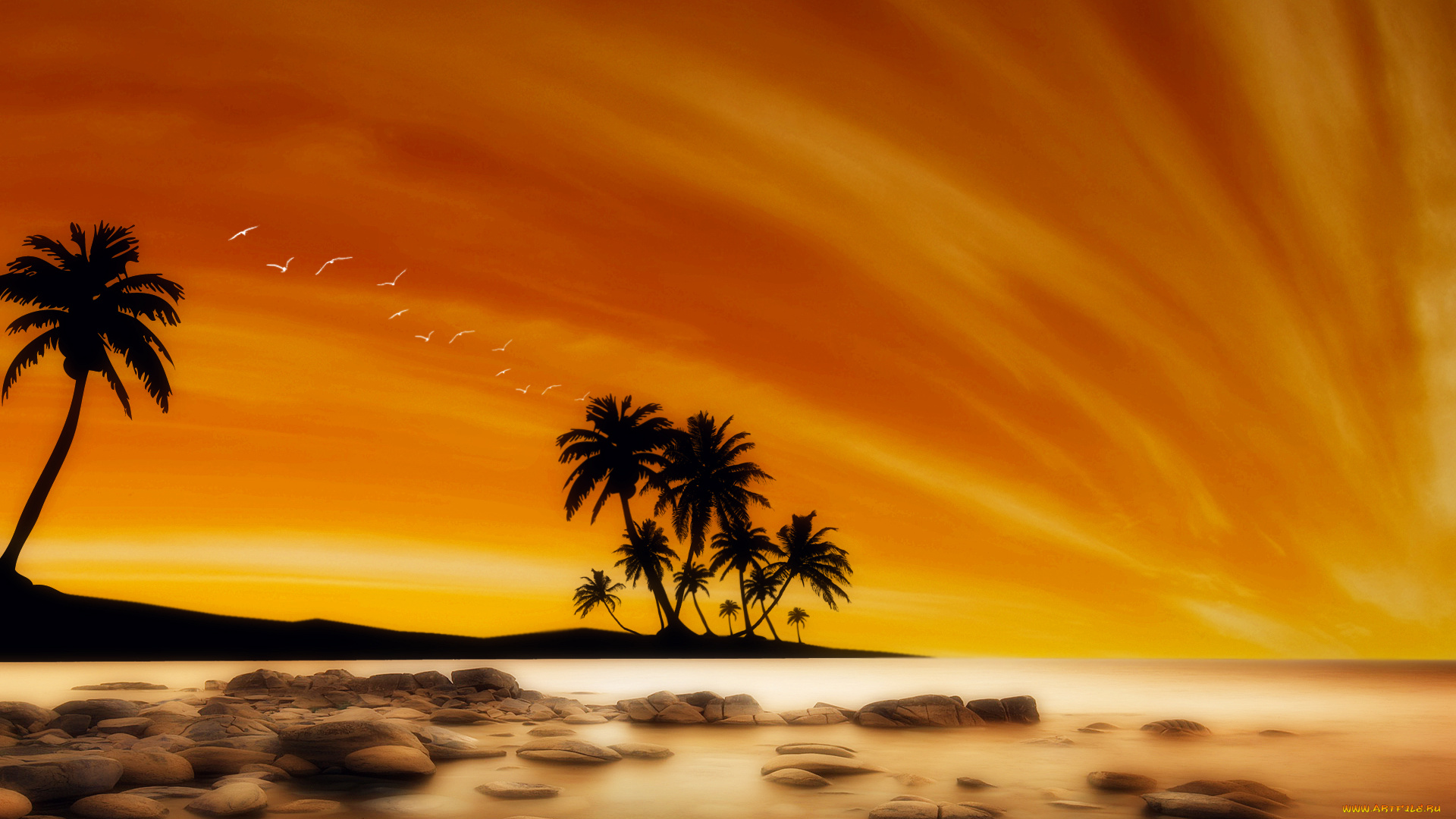 3д, графика, sea, undersea, море, облака, камни, небо, пальмы, пляж, океан