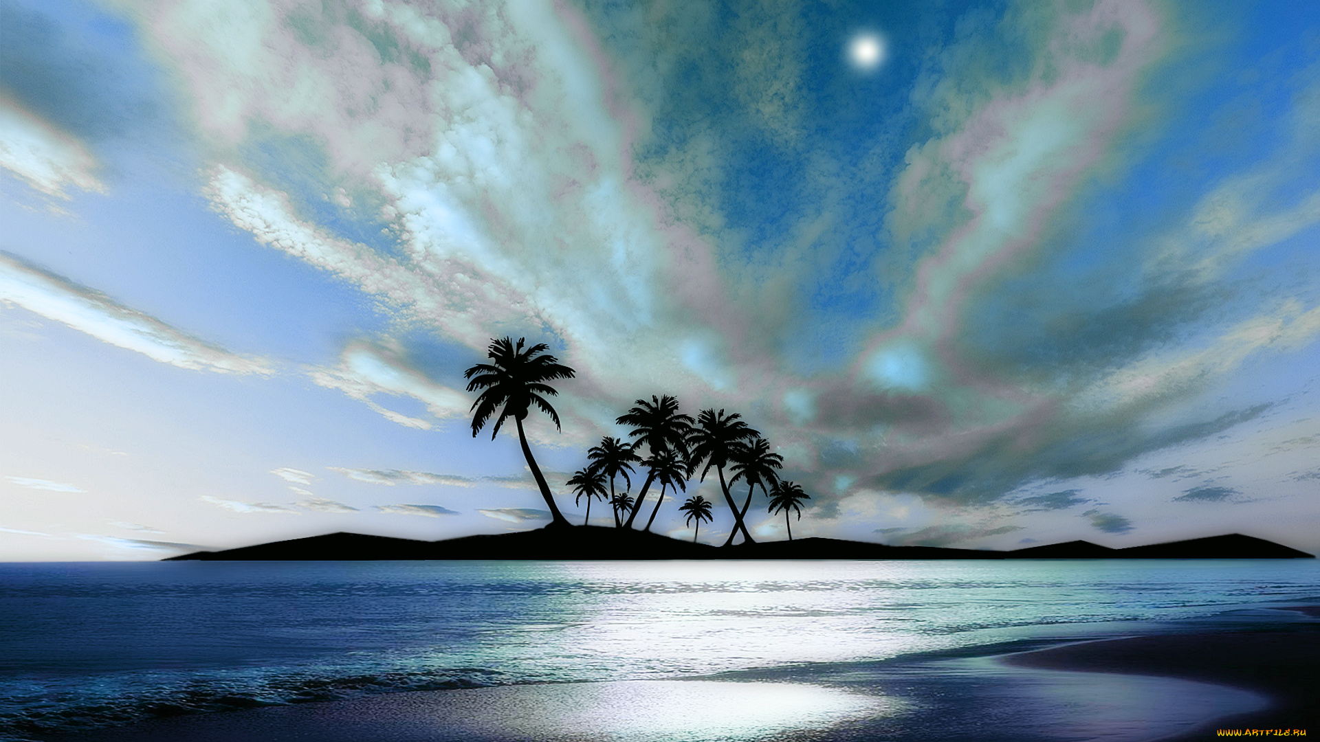 3д, графика, sea, undersea, море, океан, облака, небо, пальмы, острова, пляж