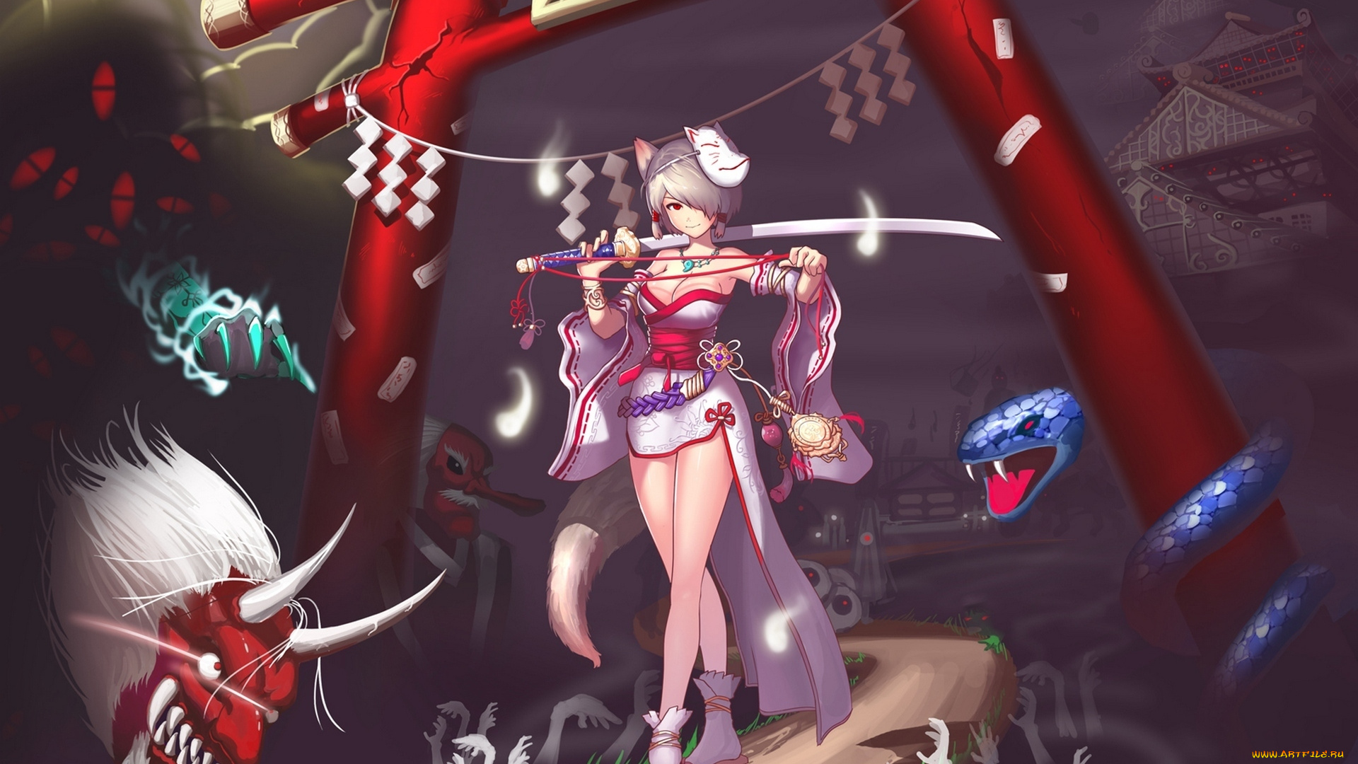 аниме, angels, demons, ворота, маска, демоны, девушка, меч