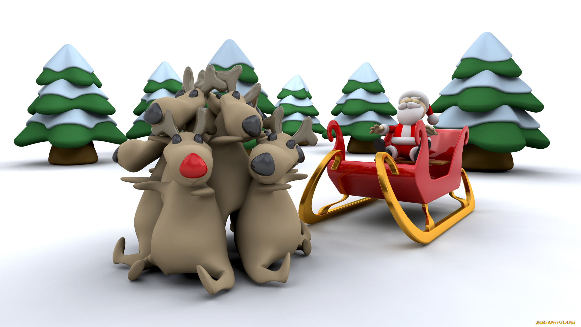 праздничные, 3д, графика, новый, год, дед, мороз, олени
