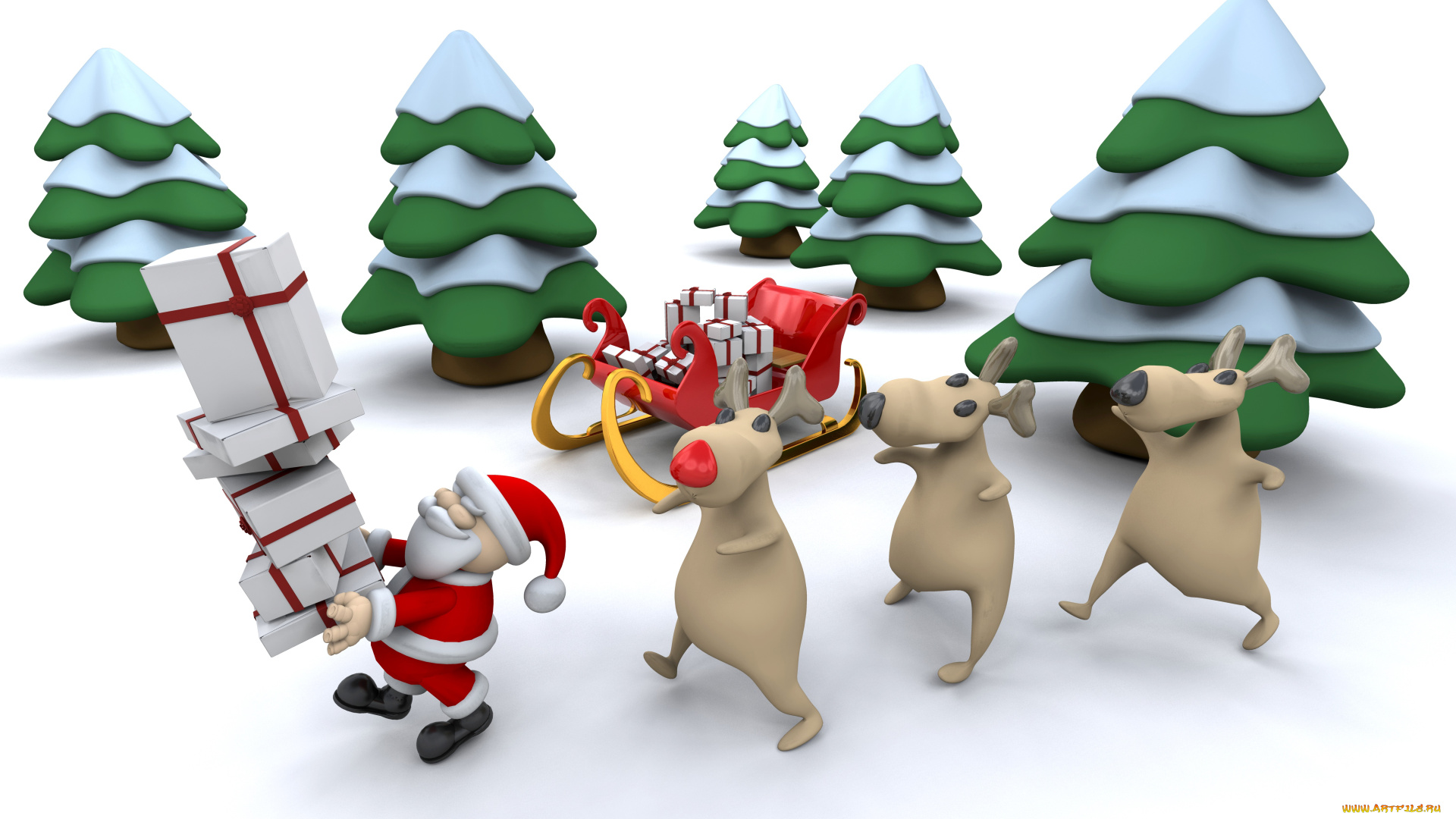 праздничные, 3д, графика, новый, год, олени, дед, мороз