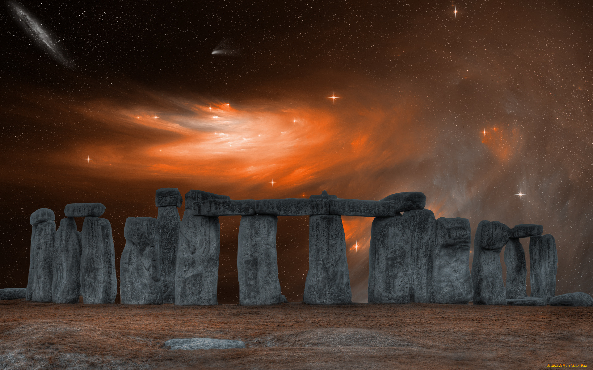 3д, графика, architecture, архитектура, галактика, звезды, небо, стоунхендж, краски