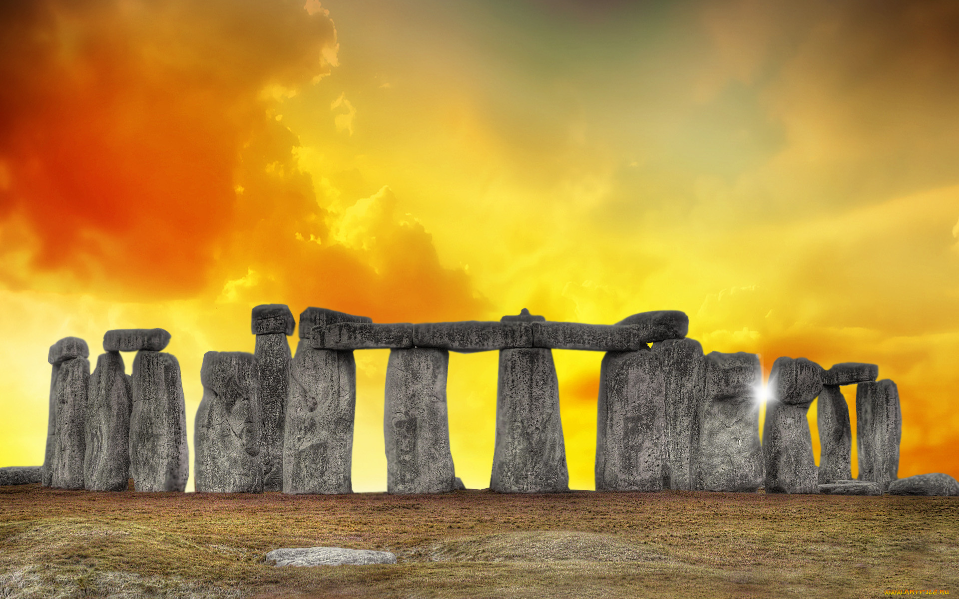 3д, графика, architecture, архитектура, небо, тучи, краски, стоунхендж