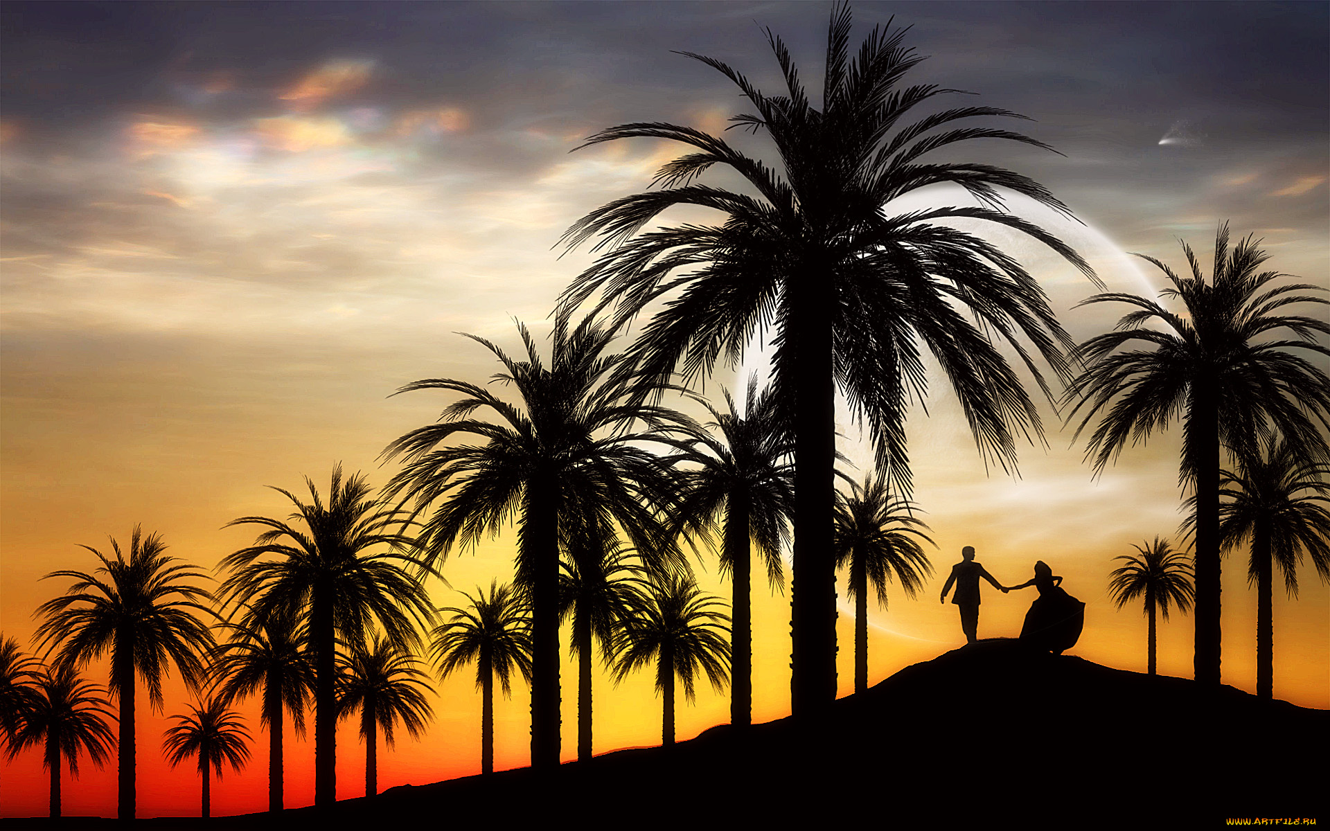 3д, графика, atmosphere, mood, атмосфера, настроения, силузты, заря, пальмы, тучи
