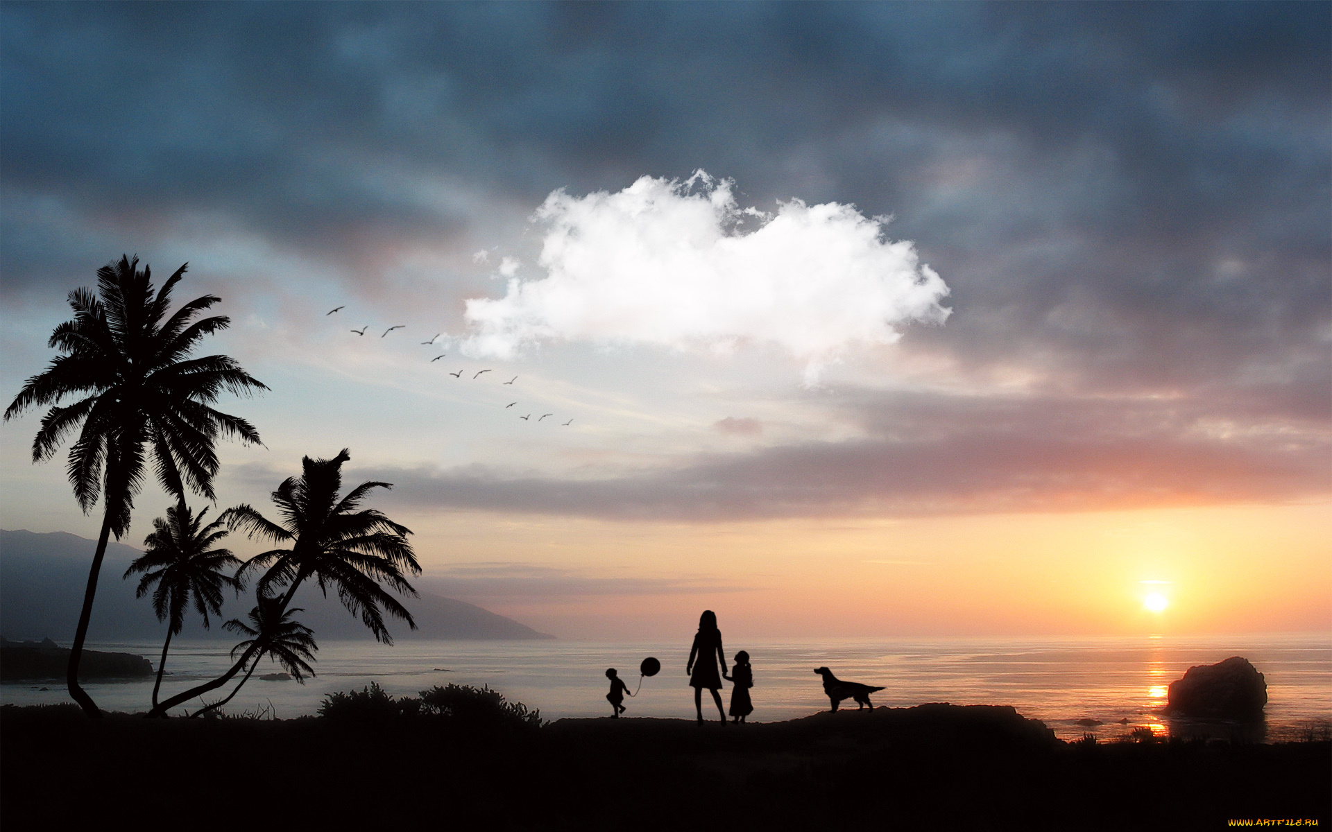 3д, графика, atmosphere, mood, атмосфера, настроения, птицы, облака, горизонт, восход, океан, фигуры