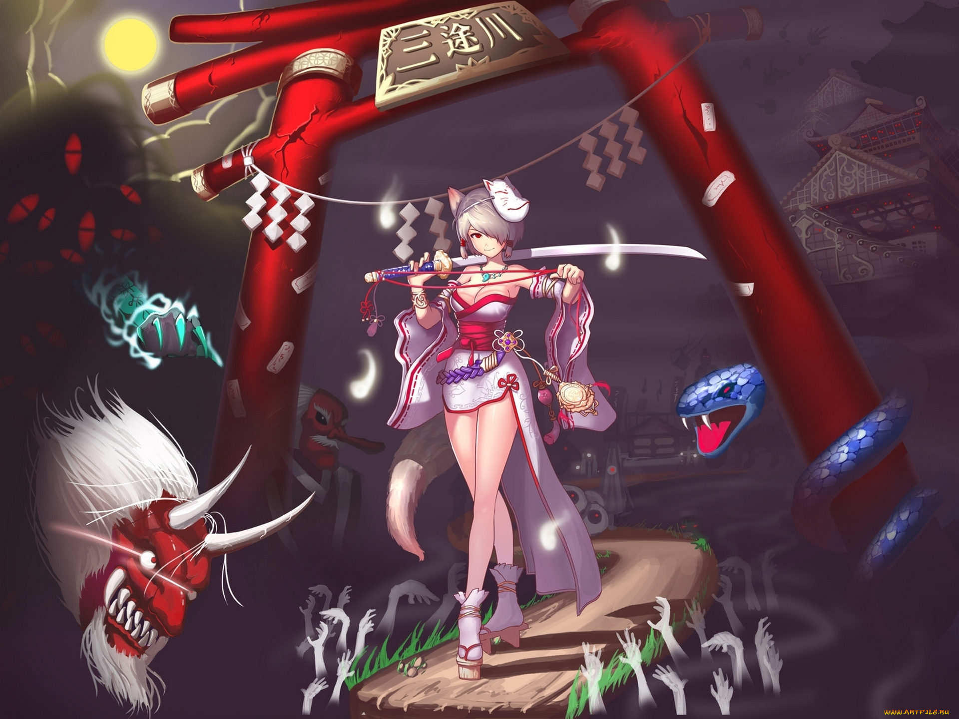 аниме, angels, demons, ворота, маска, демоны, девушка, меч