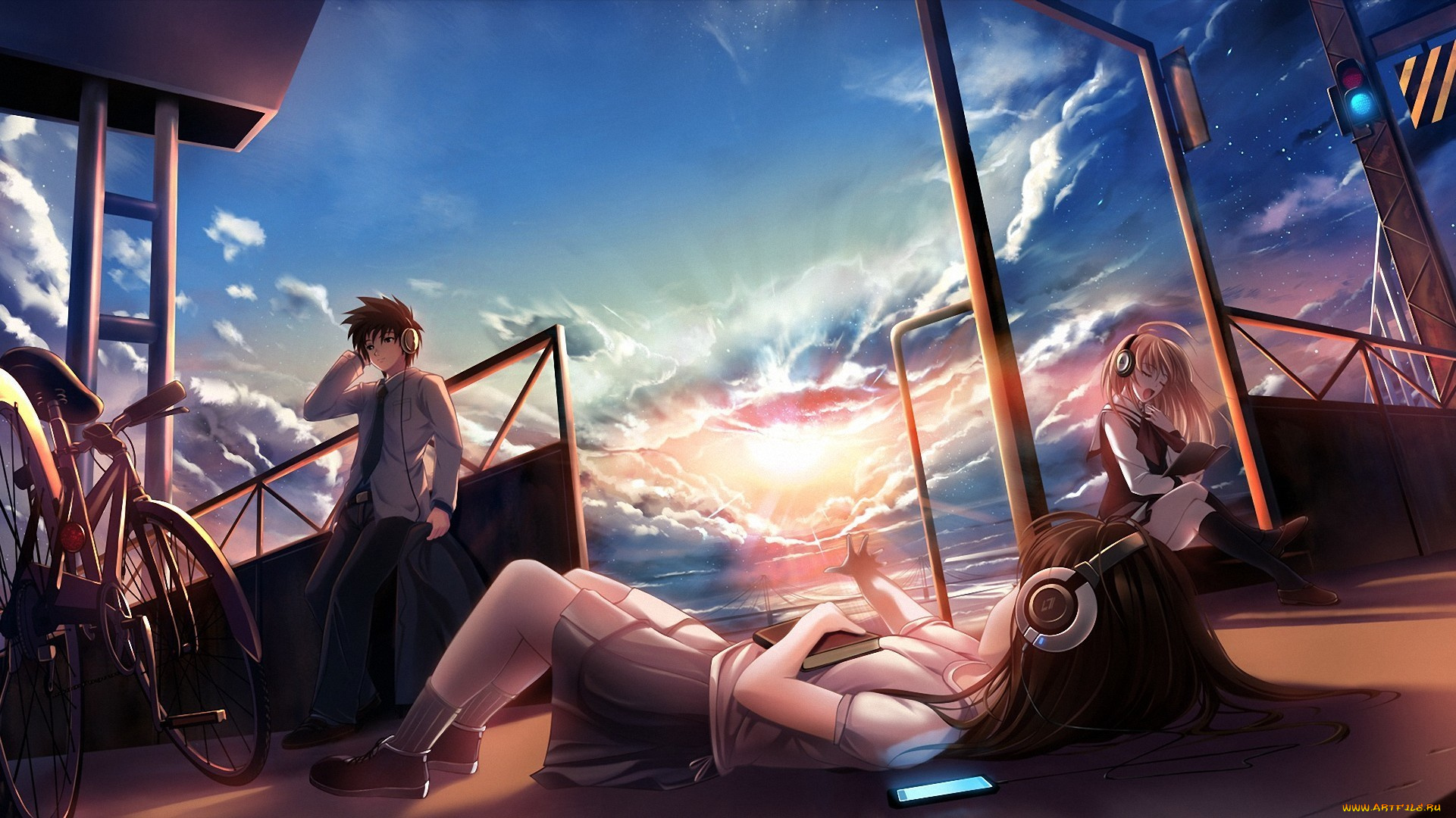 аниме, headphones, instrumental, наушники, закат, школьники