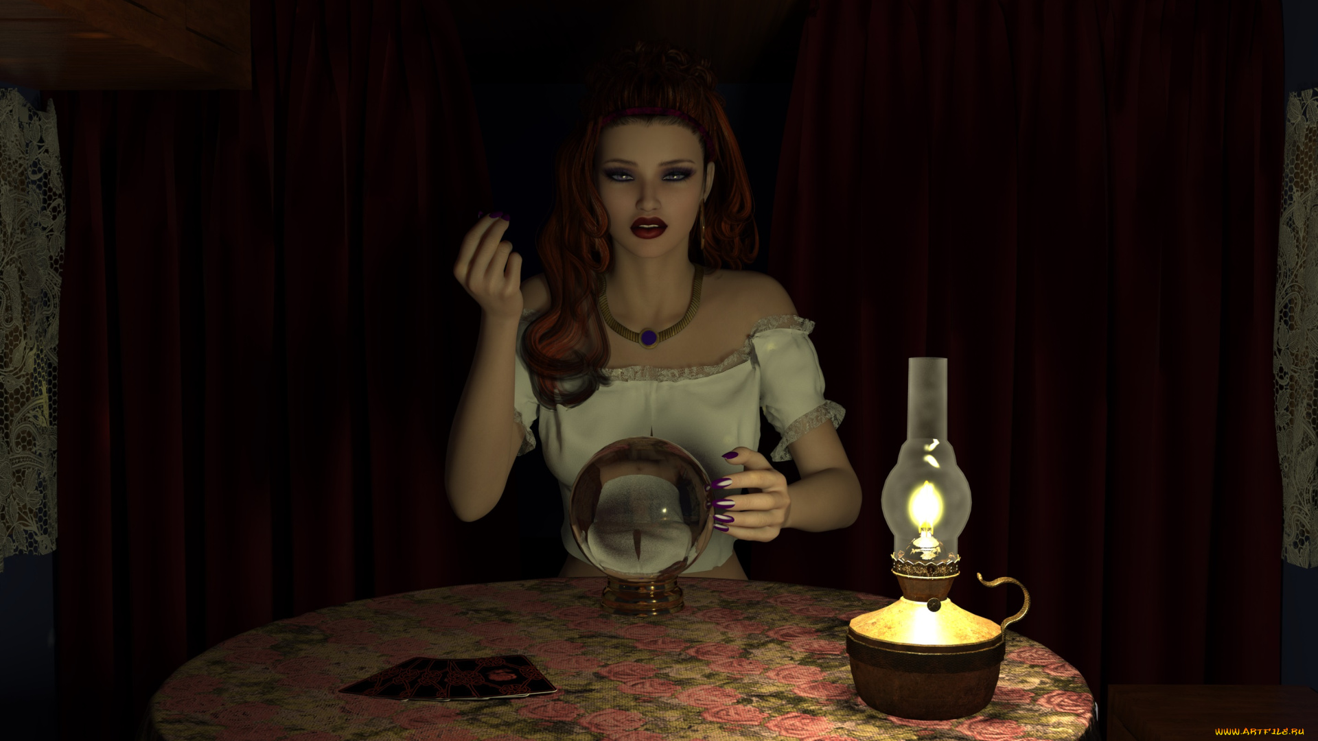 3д, графика, фантазия, , fantasy, огонек, комната, стол, взгляд, девушка, магия, шар