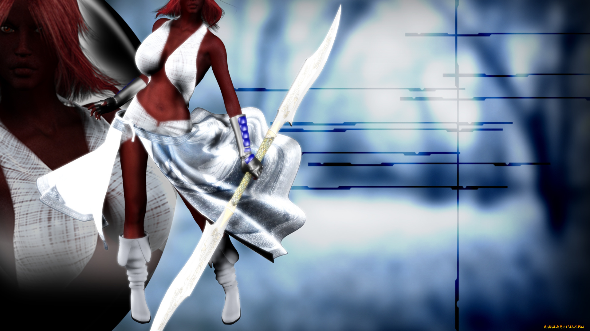 3д, графика, фантазия, , fantasy, оружие, рыжая, взгляд, девушка