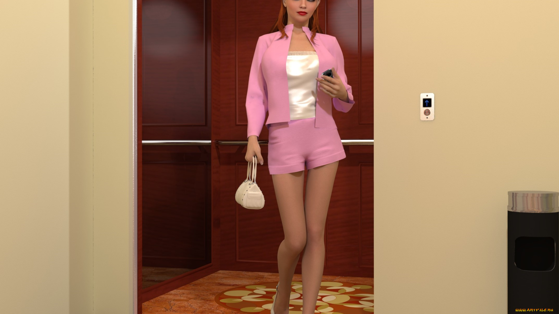 3д, графика, люди, , people, девушка, рыжая, сумочка, улыбка, взгляд