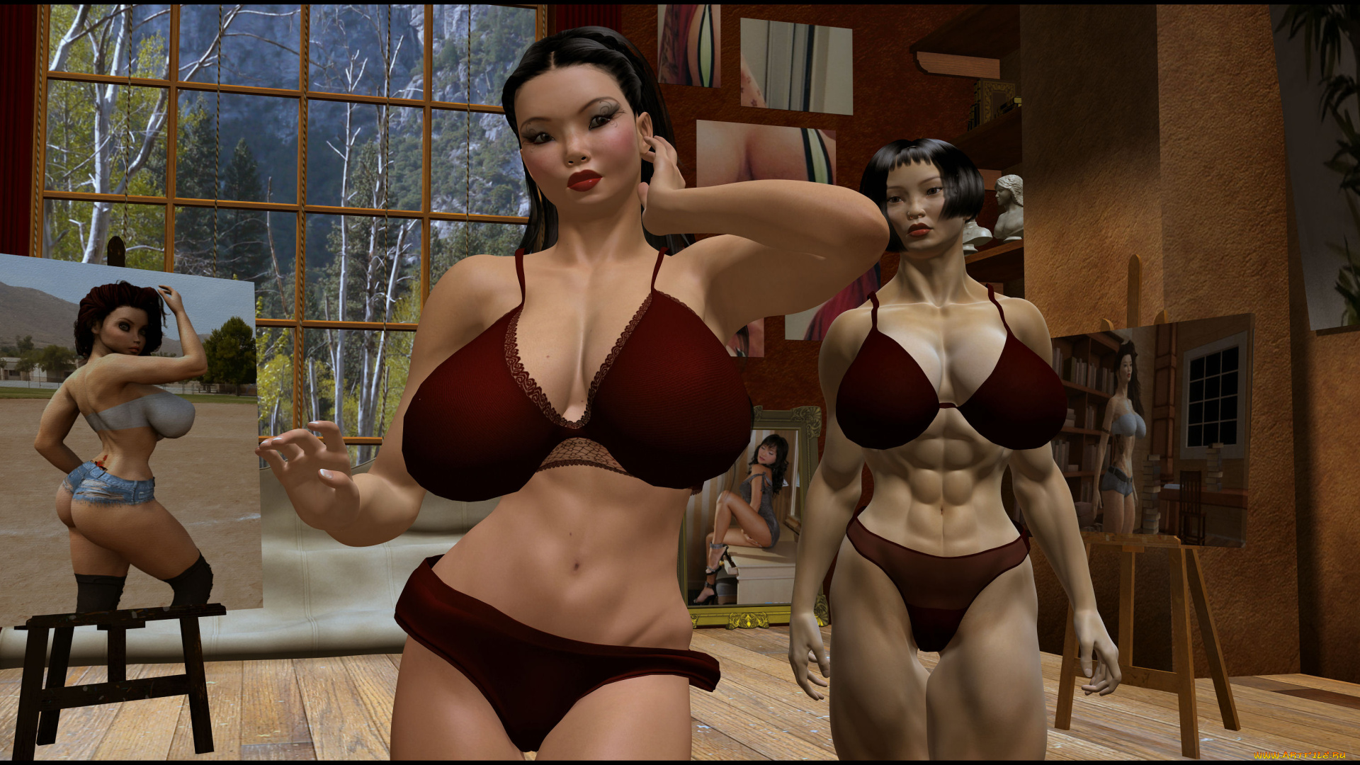 3д, графика, люди, , people, девушки, картина, взгляд, окно