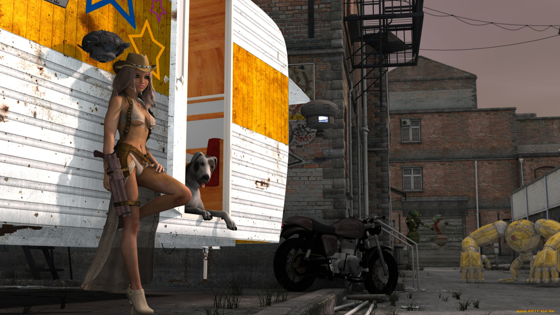 3д, графика, люди, , people, собака, робот, дома, взгляд, девушка