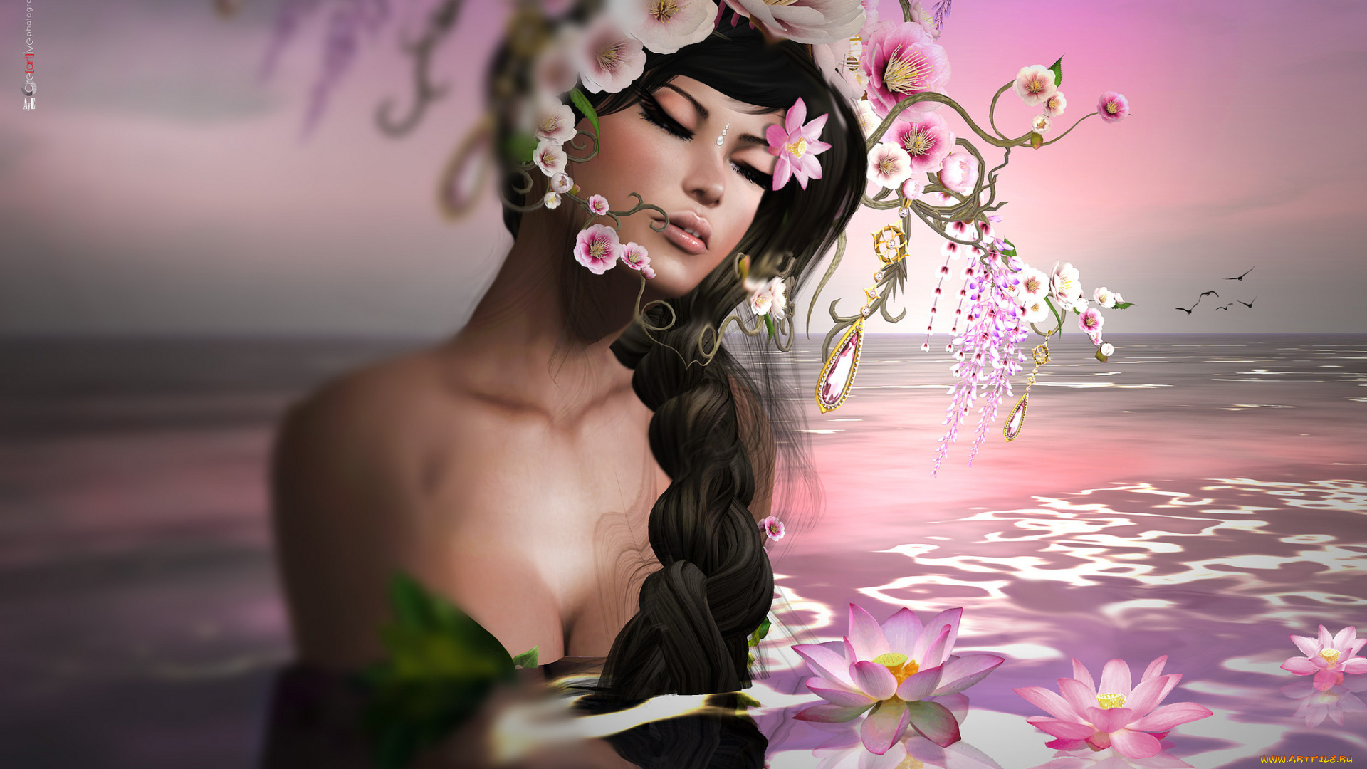 3д, графика, люди, , people, венок, цветы, коса, девушка